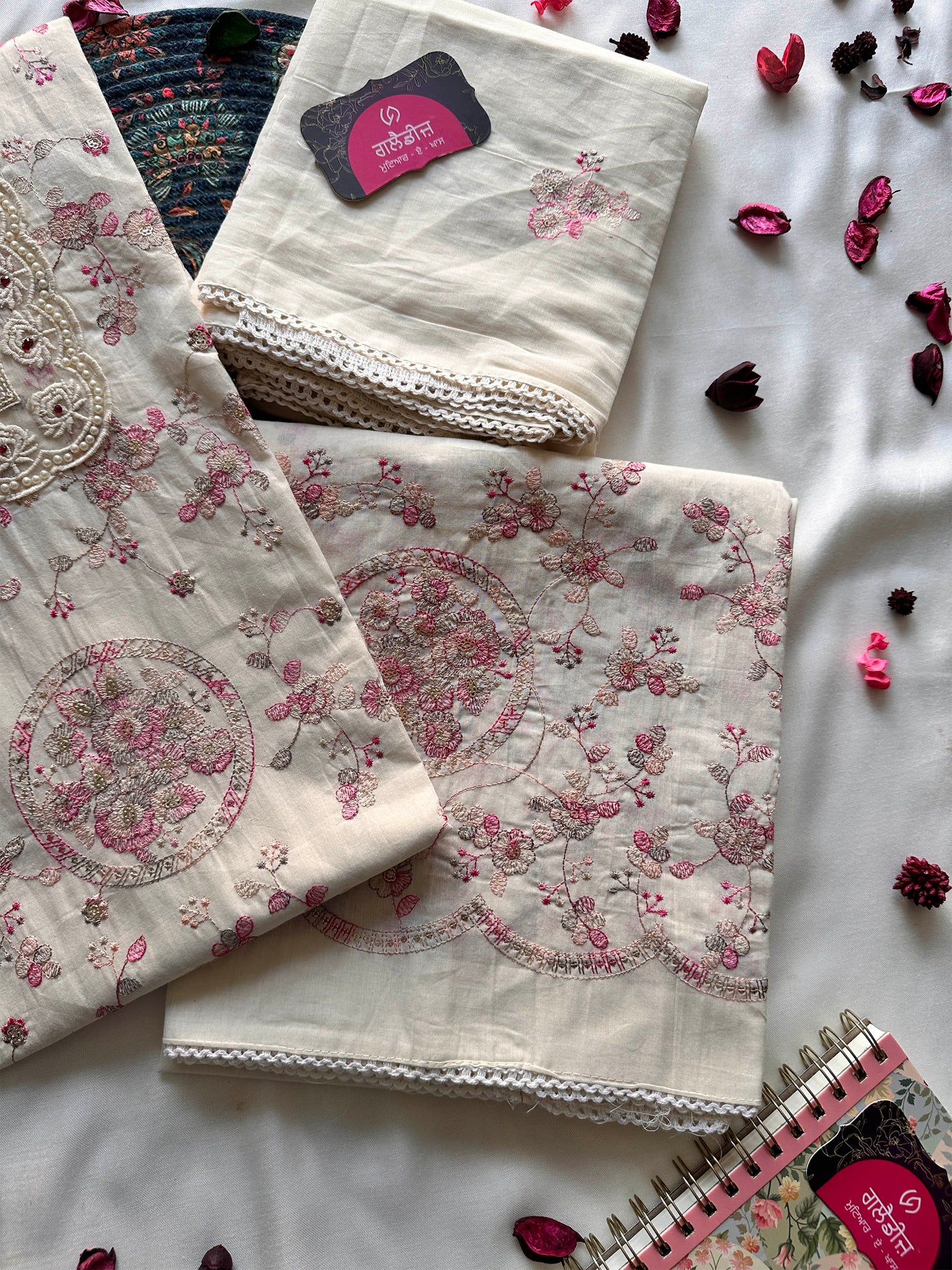 Mul Cotton Unstitched Suit Set with Intricate Machine Work & Lace Dupatta | Off-White