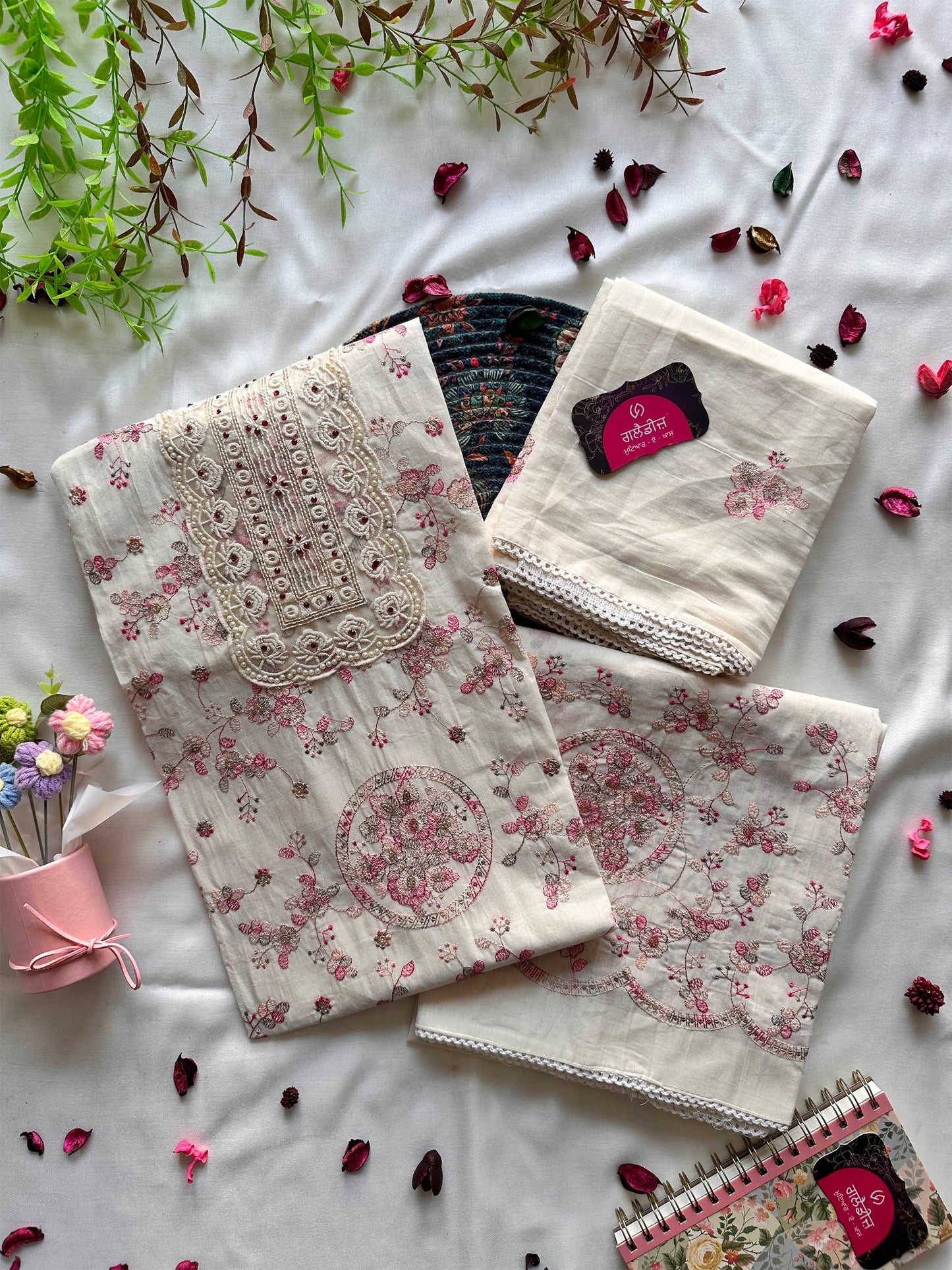 Mul Cotton Unstitched Suit Set with Intricate Machine Work & Lace Dupatta | Off-White