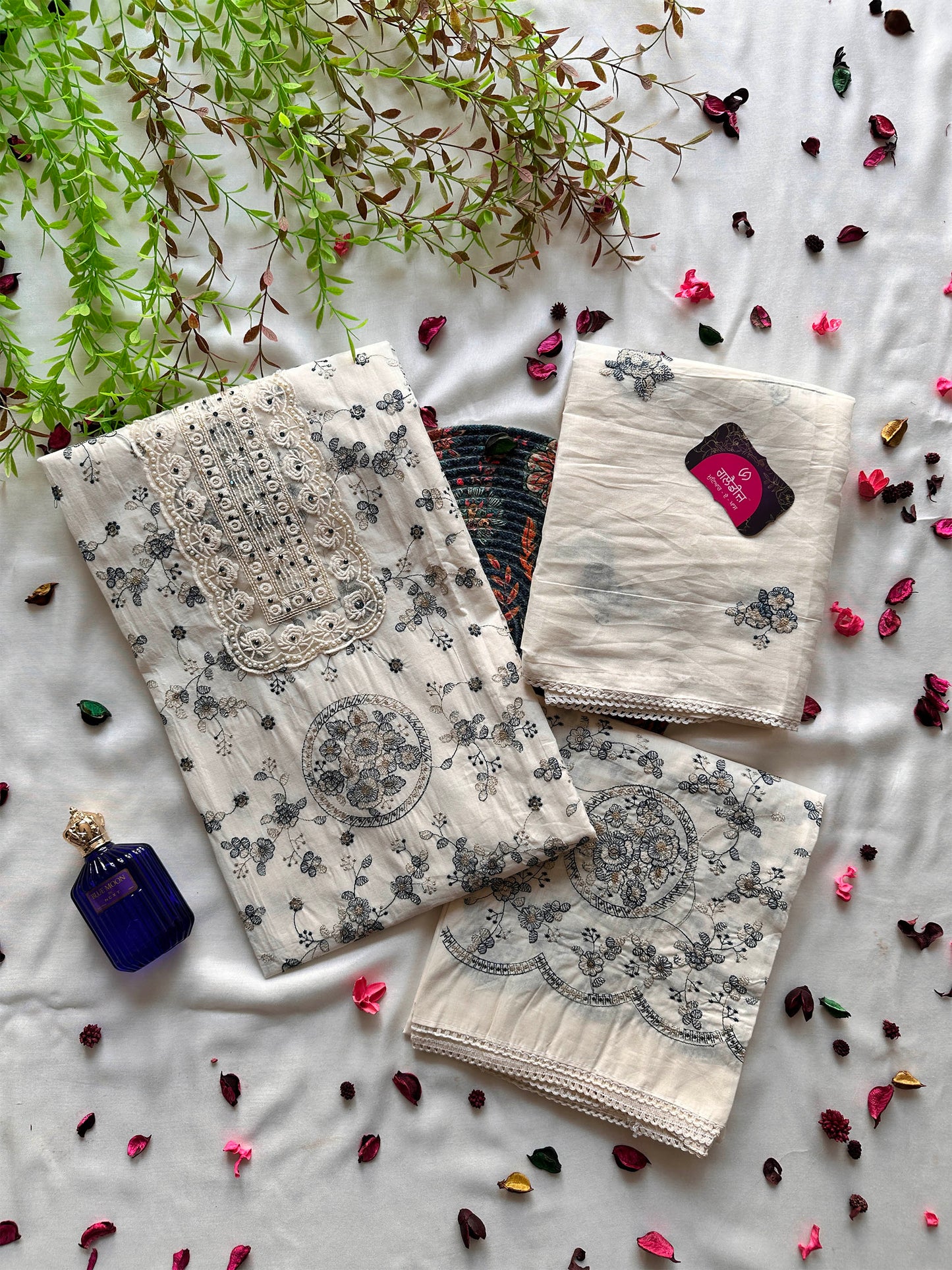 Mul Cotton Unstitched Suit Set with Intricate Machine Work & Lace Dupatta | Off-White