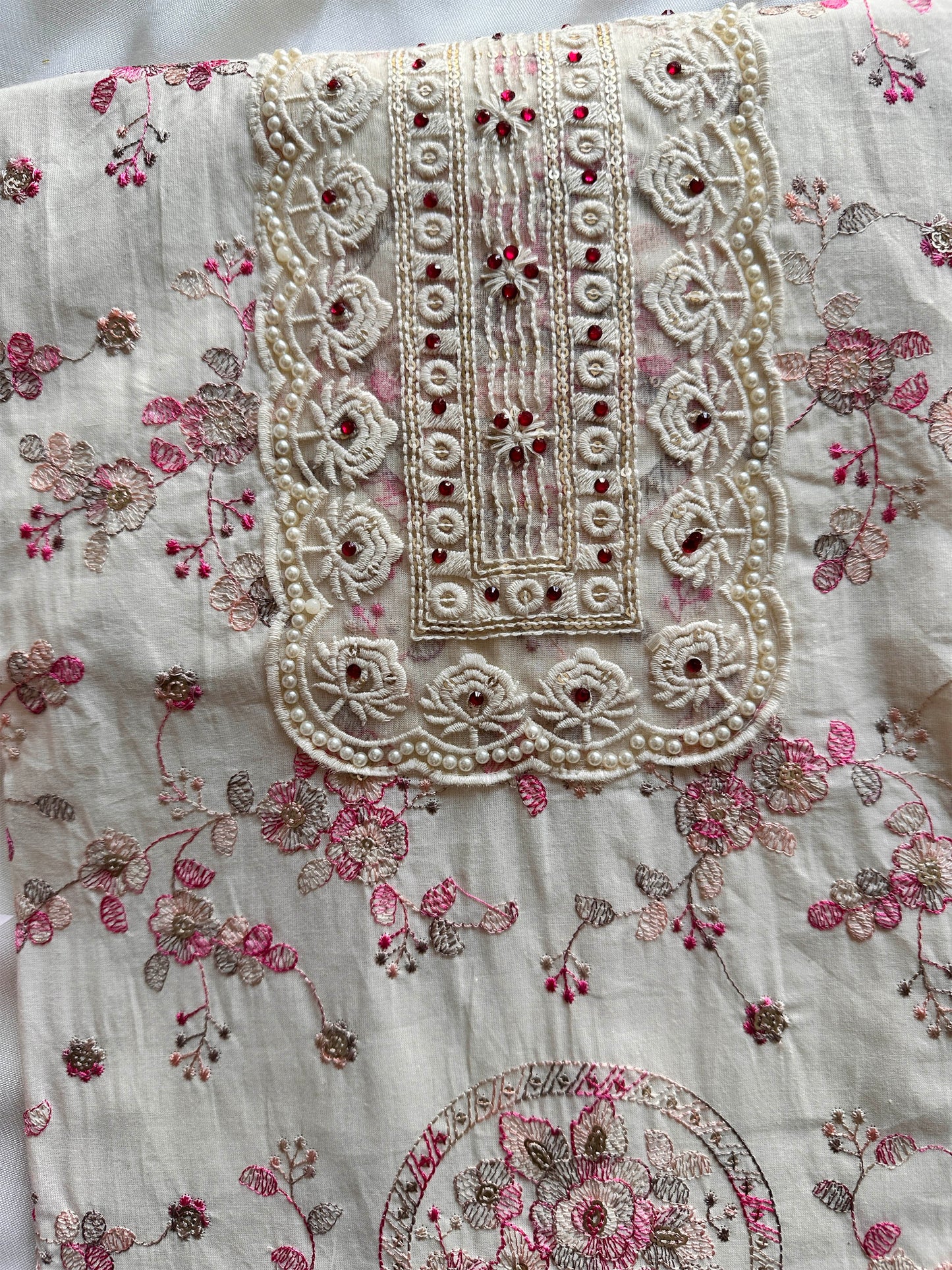 Mul Cotton Unstitched Suit Set with Intricate Machine Work & Lace Dupatta | Off-White
