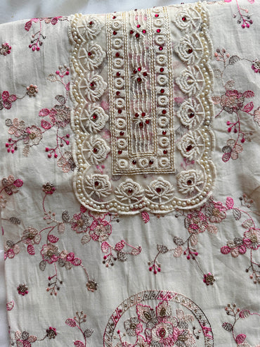 Mul Cotton Unstitched Suit Set with Intricate Machine Work & Lace Dupatta | Off-White