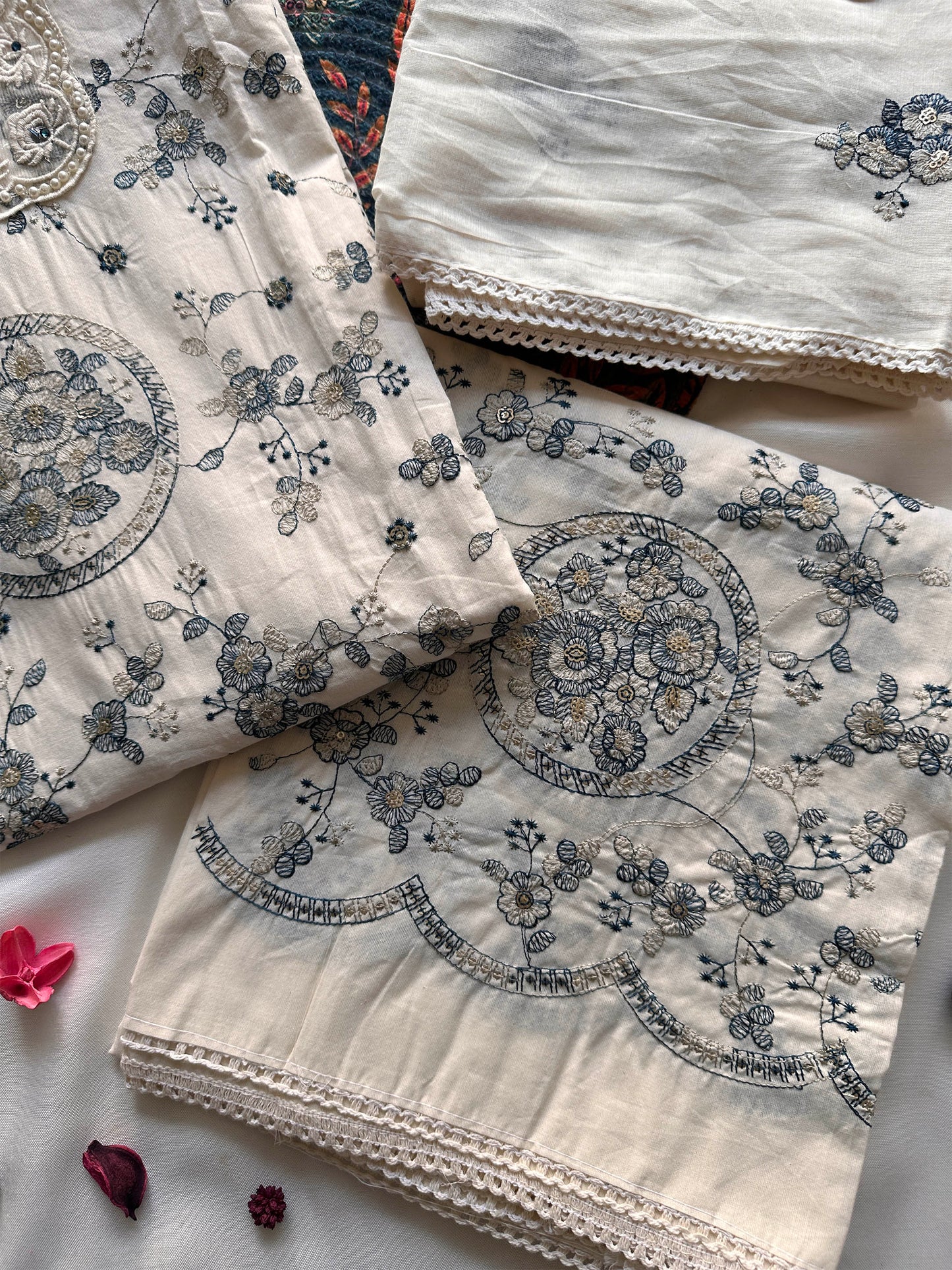Mul Cotton Unstitched Suit Set with Intricate Machine Work & Lace Dupatta | Off-White