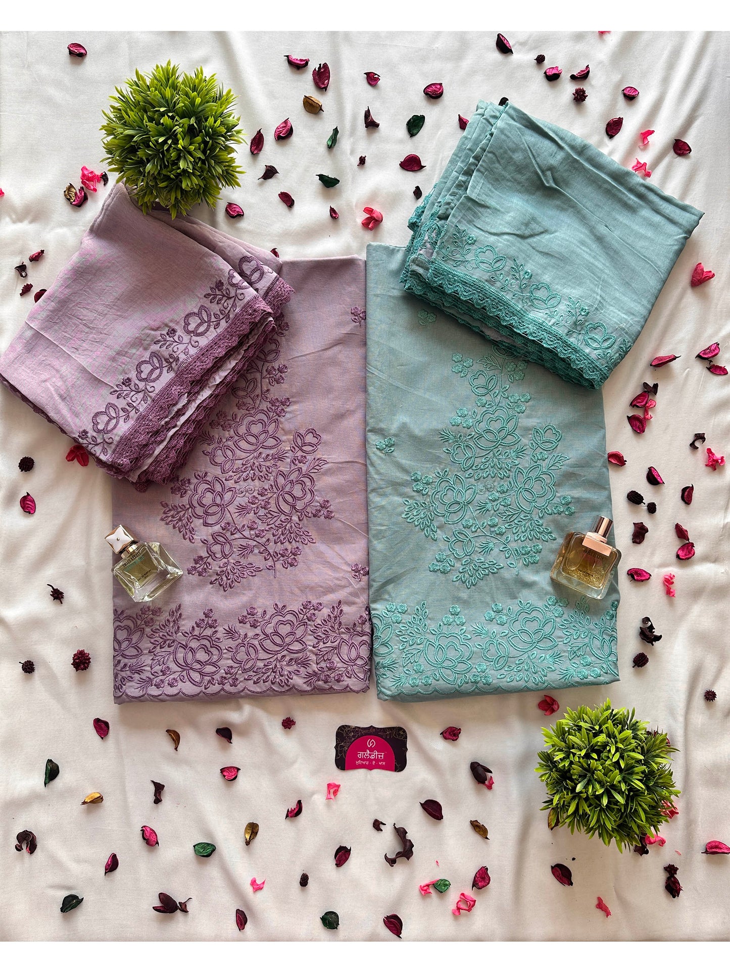 Giza Cotton Embroidered Suit Set | Turquoise & Light Purple