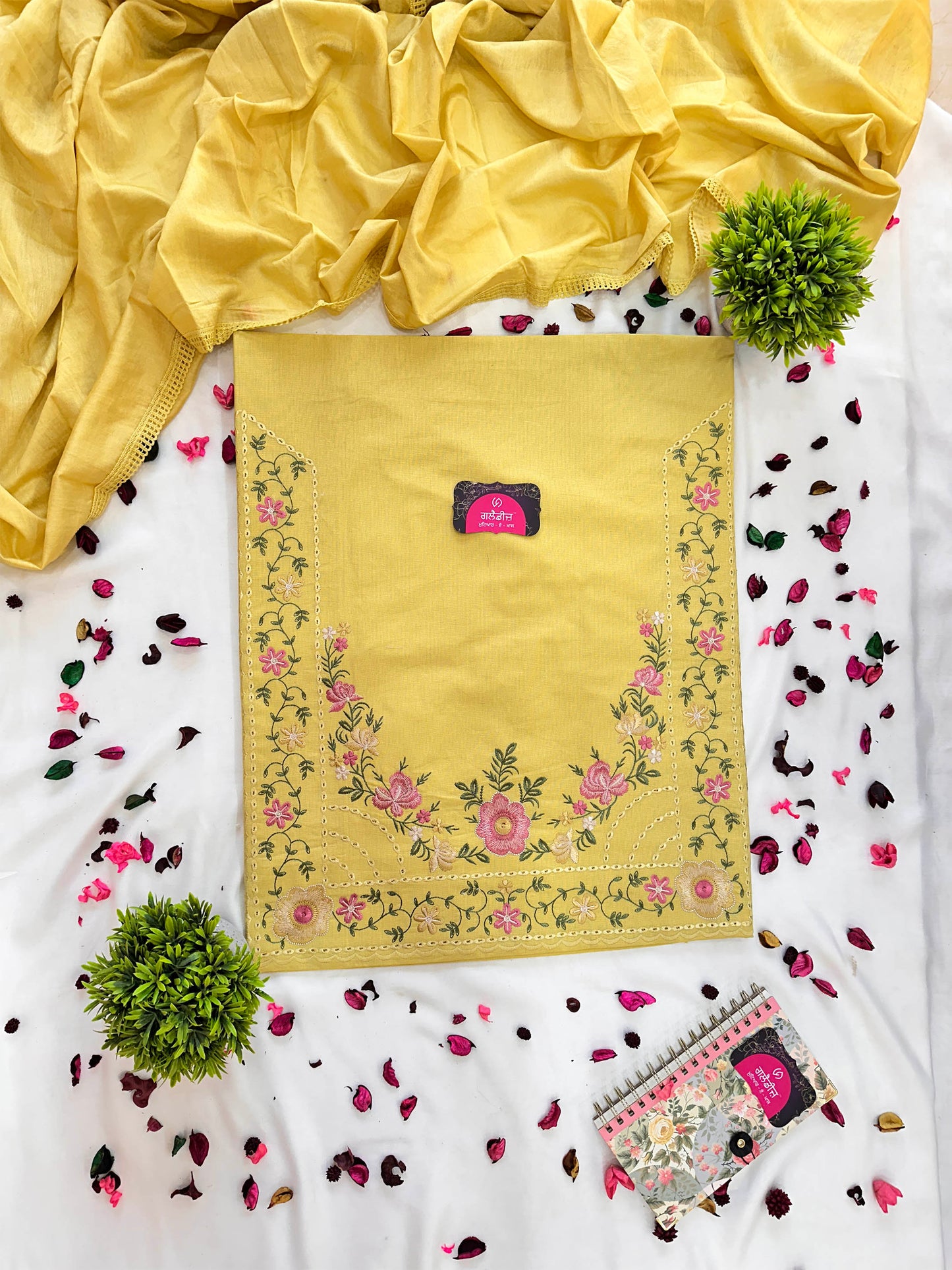 Unstitched Vibrant Giza Cotton Floral Embroidered Suit Set Green & Yellow