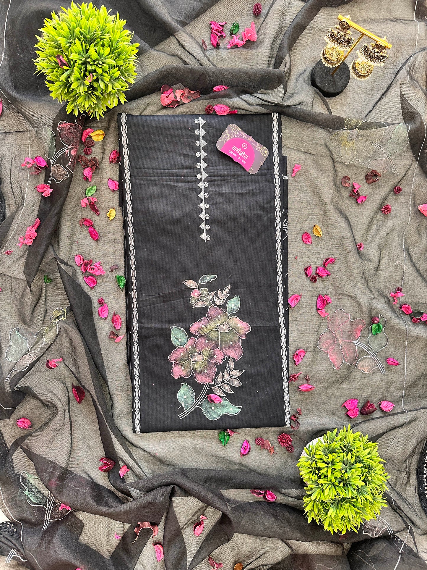 Unstitched Giza Cotton Hand-Painted Suit Set | Grey & Black
