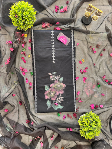Unstitched Giza Cotton Hand-Painted Suit Set | Grey & Black