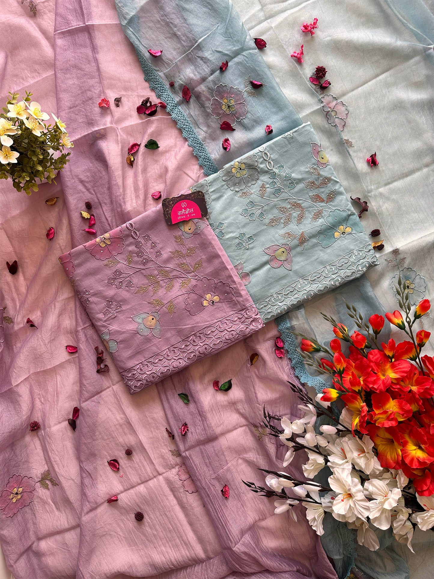 Hand-Painted Giza Cotton Unstitched Suit Set with Muslin Dupatta
