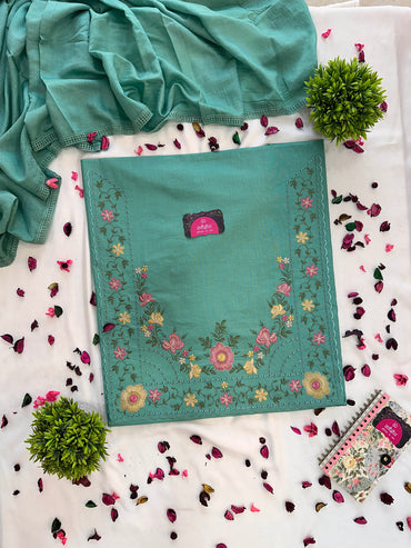 Unstitched Vibrant Giza Cotton Floral Embroidered Suit Set Green & Yellow