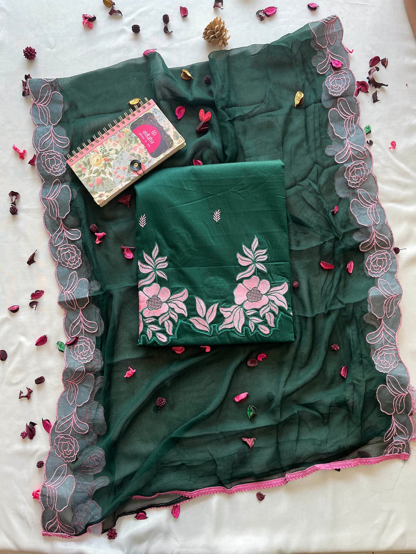 Jam Cotton Unstitched Suit Set with Floral Machine Work & Chiffon Dupatta