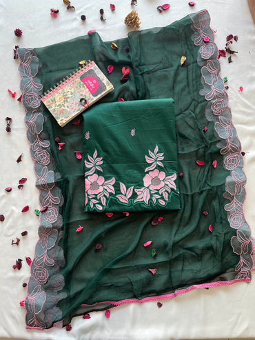 Jam Cotton Unstitched Suit Set with Floral Machine Work & Chiffon Dupatta