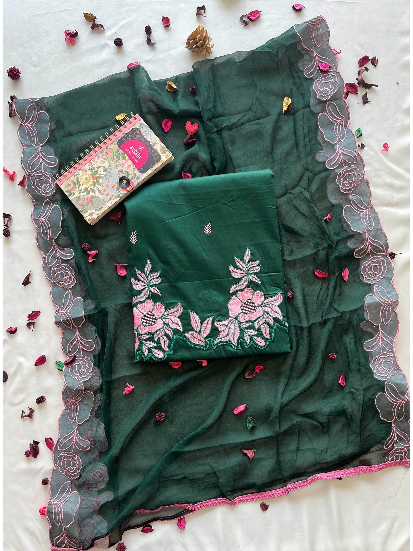 Jam Cotton Unstitched Suit Set with Floral Machine Work & Chiffon Dupatta