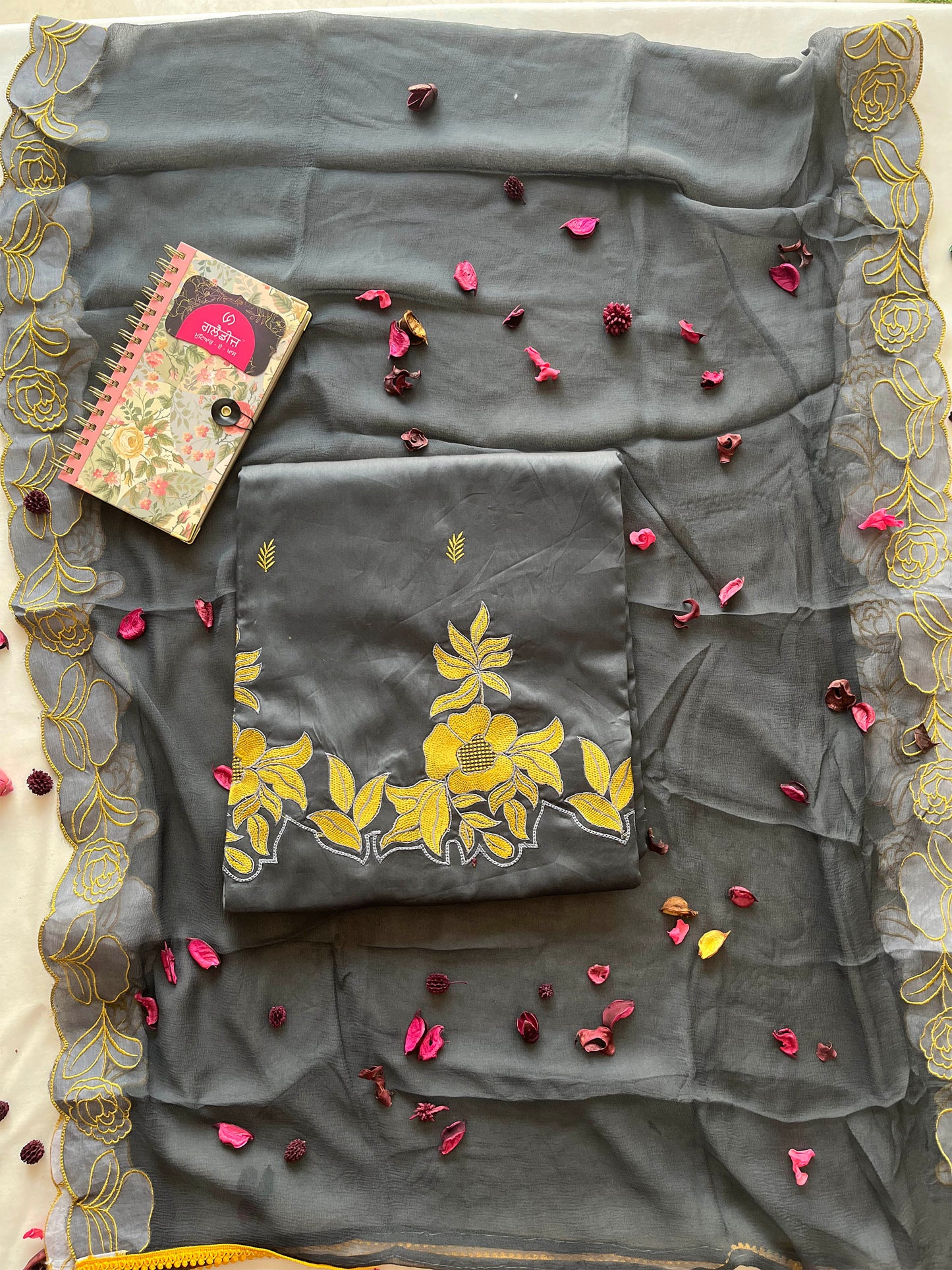 Jam Cotton Unstitched Suit Set with Floral Machine Work & Chiffon Dupatta