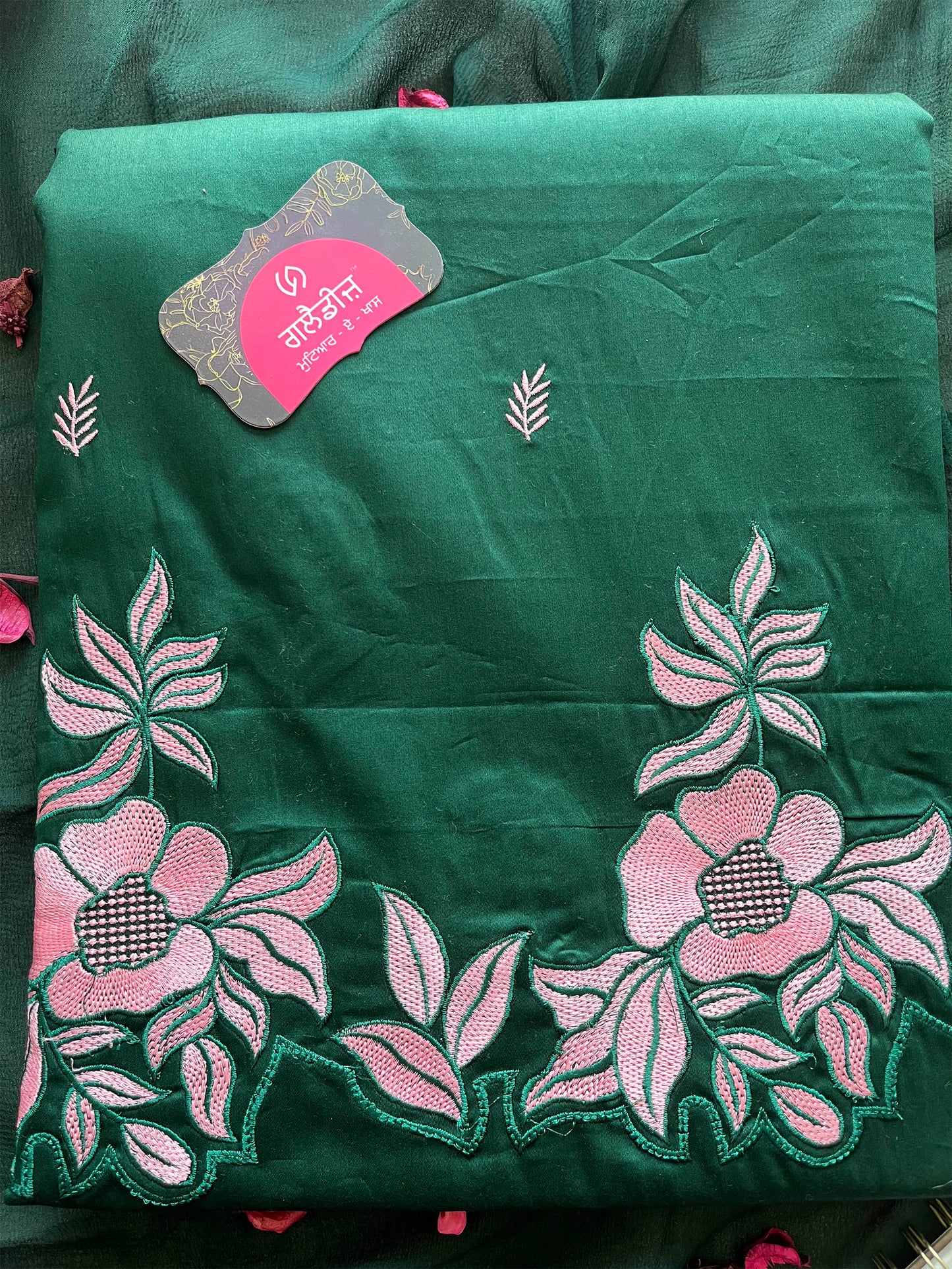 Jam Cotton Unstitched Suit Set with Floral Machine Work & Chiffon Dupatta