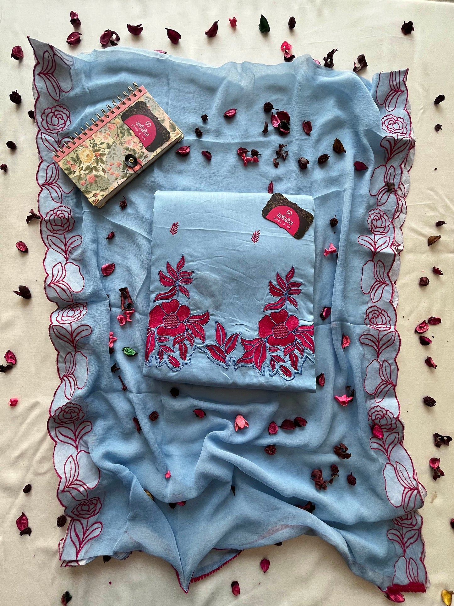 Jam Cotton Unstitched Suit Set with Floral Machine Work & Chiffon Dupatta