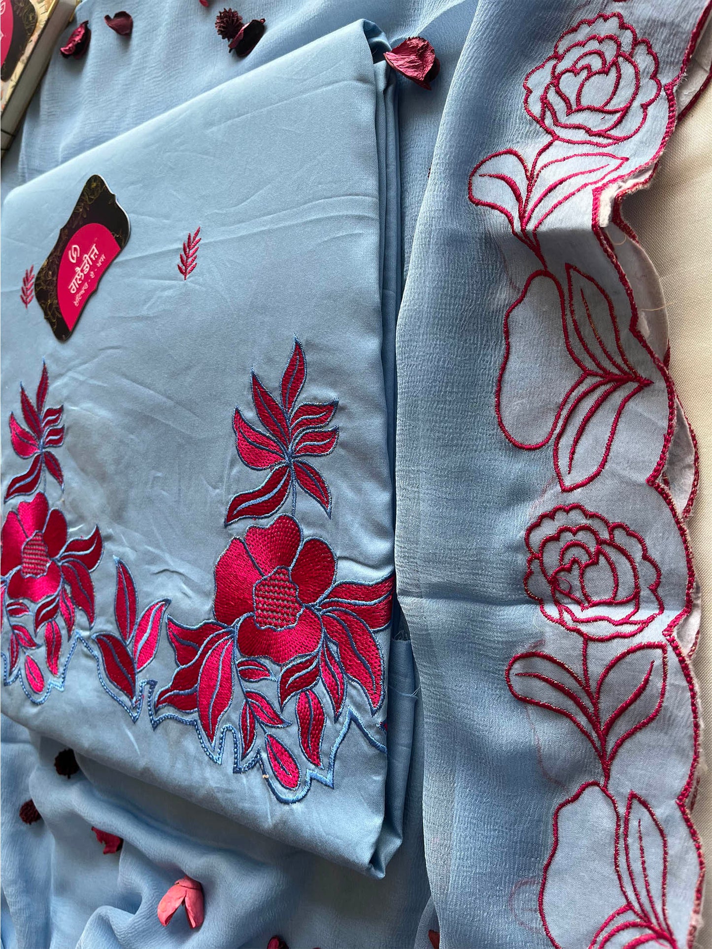 Jam Cotton Unstitched Suit Set with Floral Machine Work & Chiffon Dupatta
