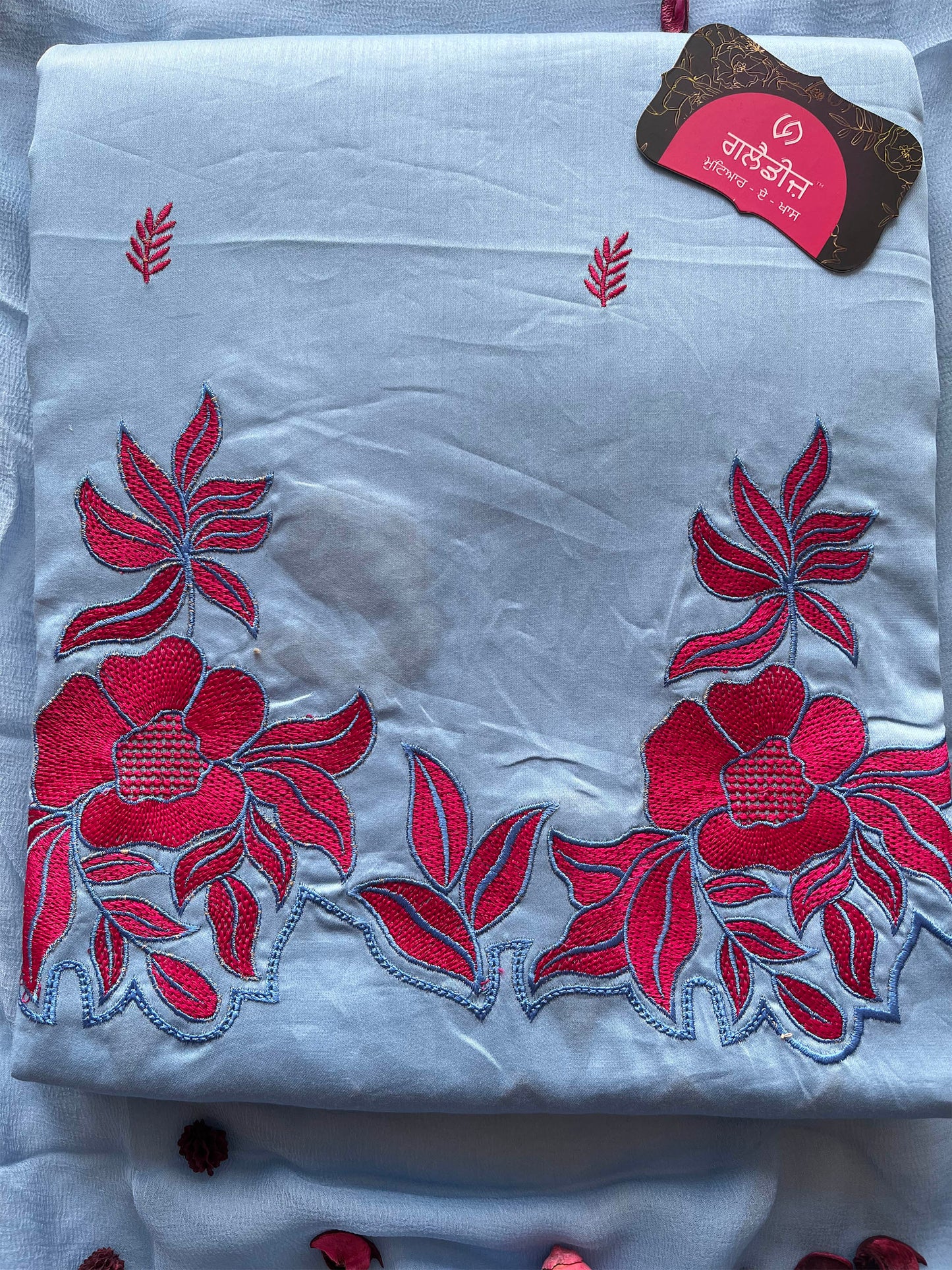 Jam Cotton Unstitched Suit Set with Floral Machine Work & Chiffon Dupatta