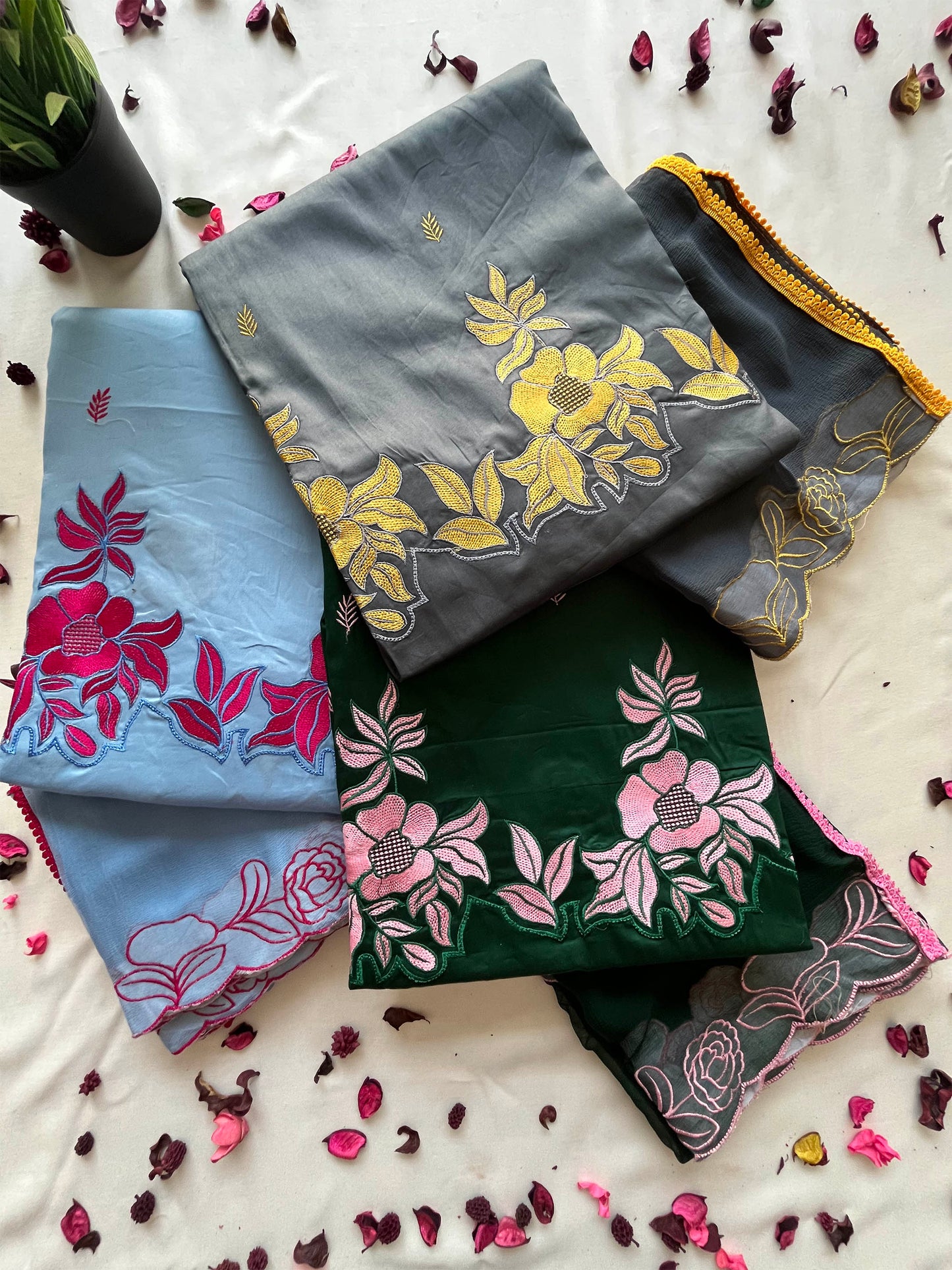 Jam Cotton Unstitched Suit Set with Floral Machine Work & Chiffon Dupatta