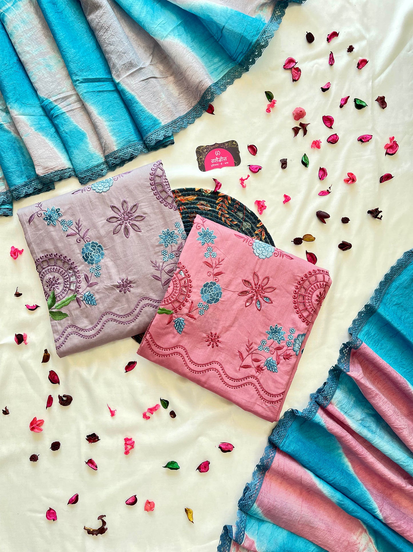 Giza Cotton Unstitched Suit Set with Cut Work Details & Kota Doria Dupatta