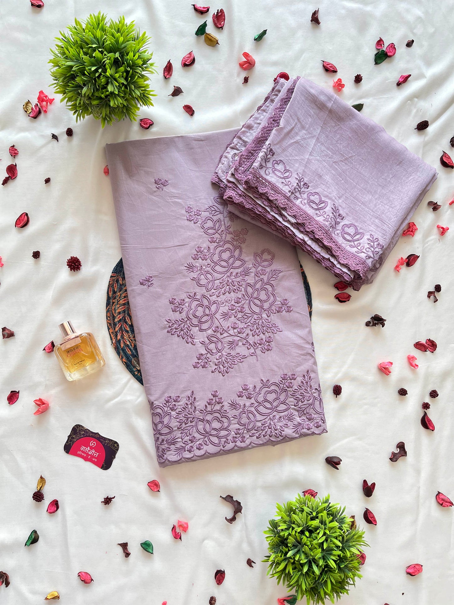 Giza Cotton Embroidered Suit Set | Turquoise & Light Purple