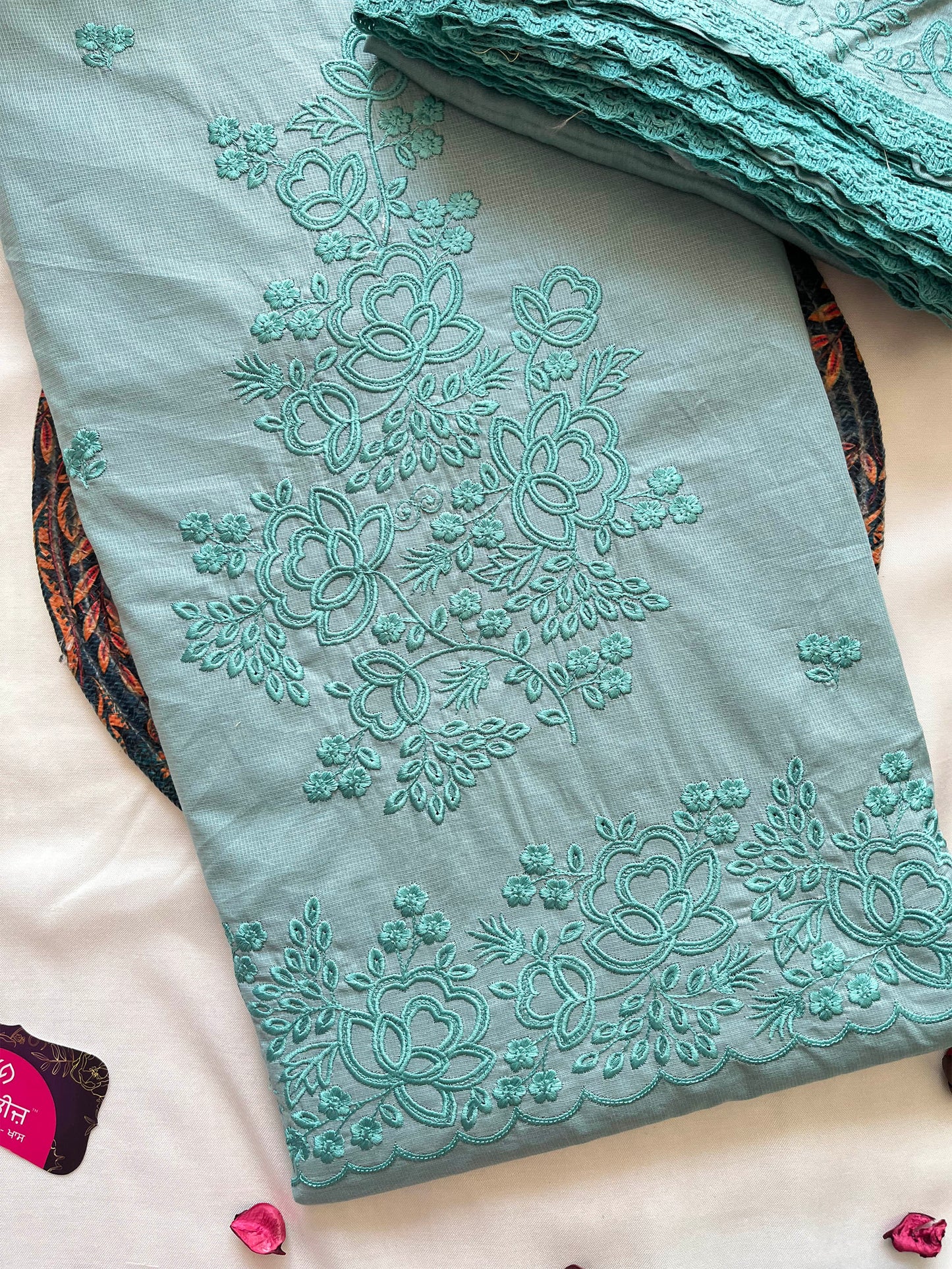Giza Cotton Embroidered Suit Set | Turquoise & Light Purple