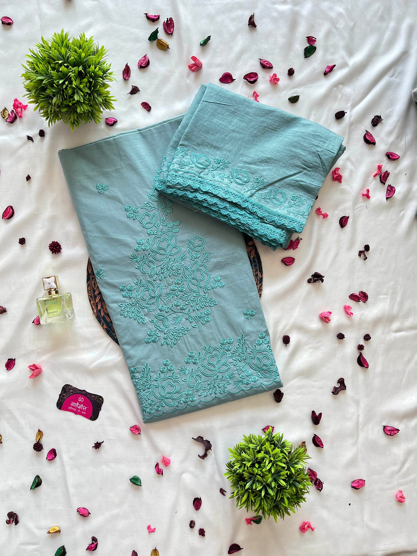 Giza Cotton Embroidered Suit Set | Turquoise & Light Purple