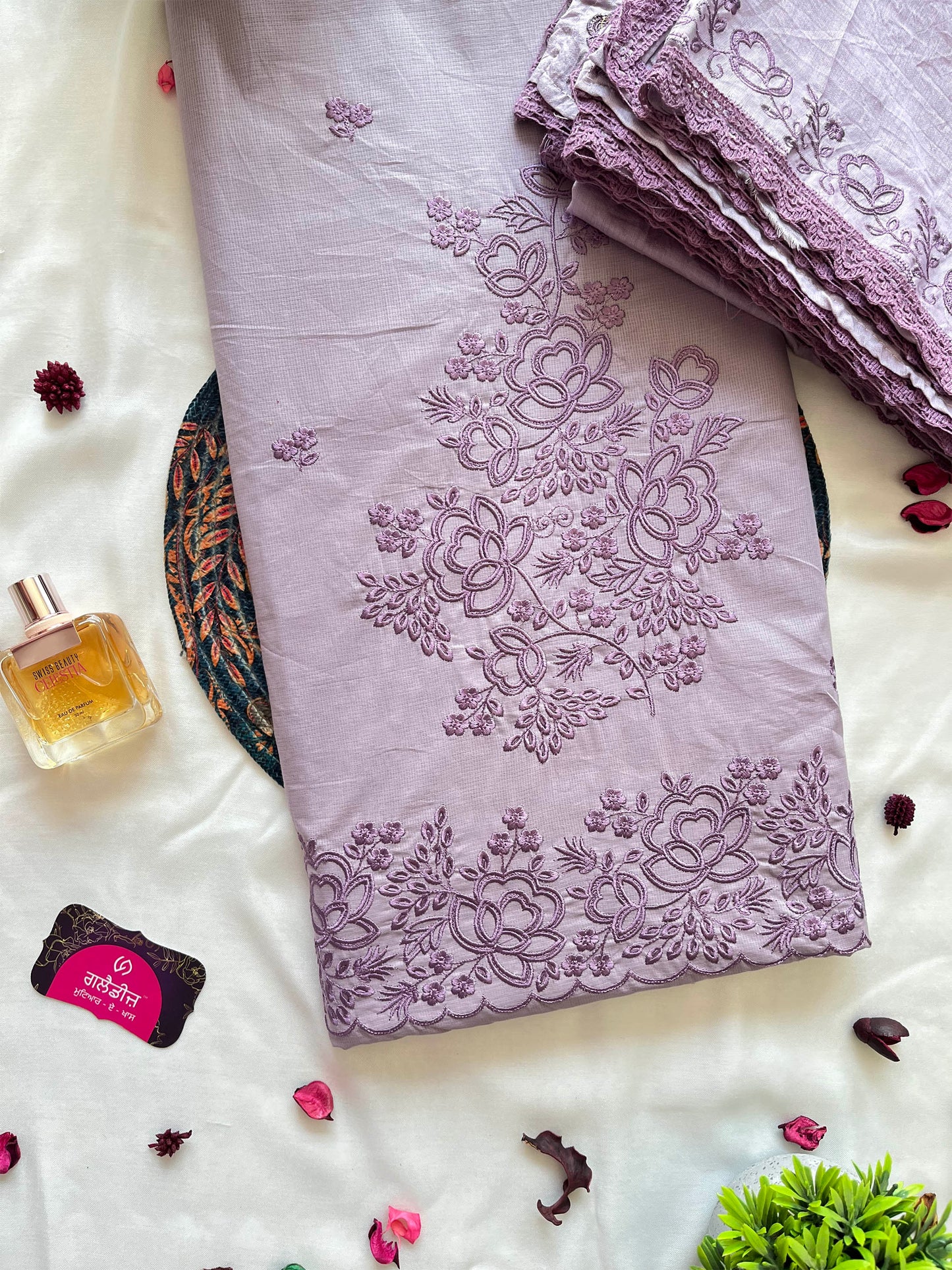 Giza Cotton Embroidered Suit Set | Turquoise & Light Purple