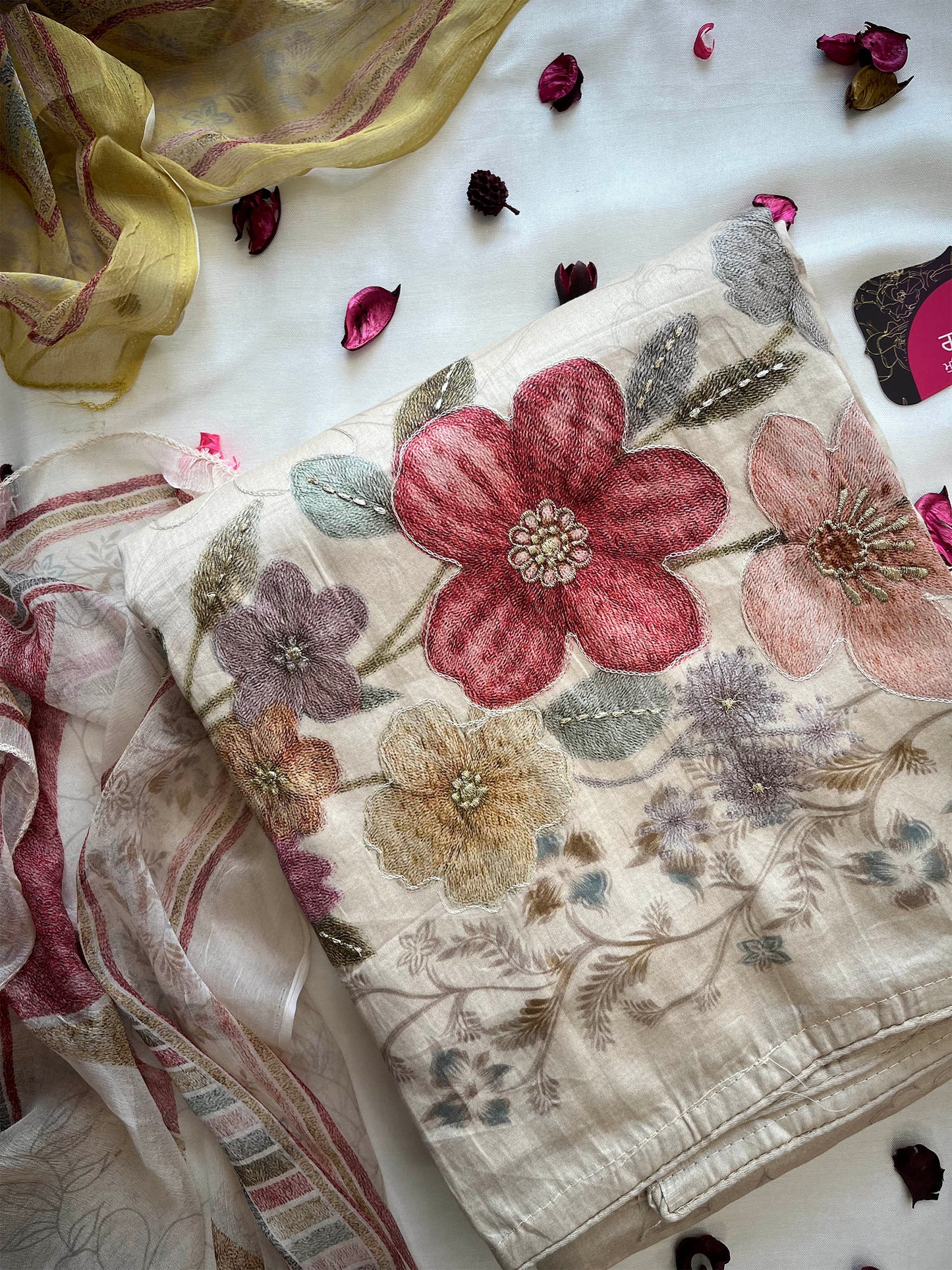 Muslin Cotton Suit Set with Floral Painting | Mustard & Cream