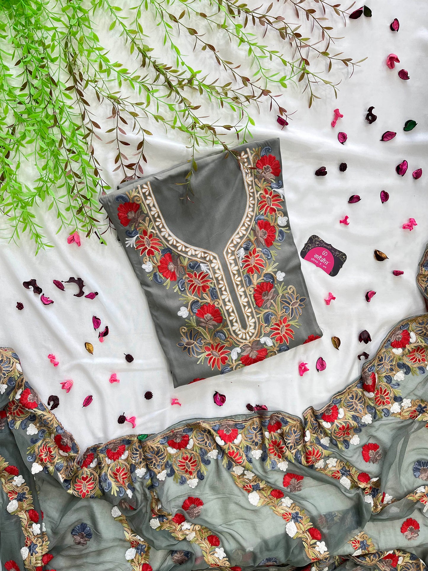 Cotton Unstitched Suit Set – Vibrant Embroidery & Chiffon Dupatta