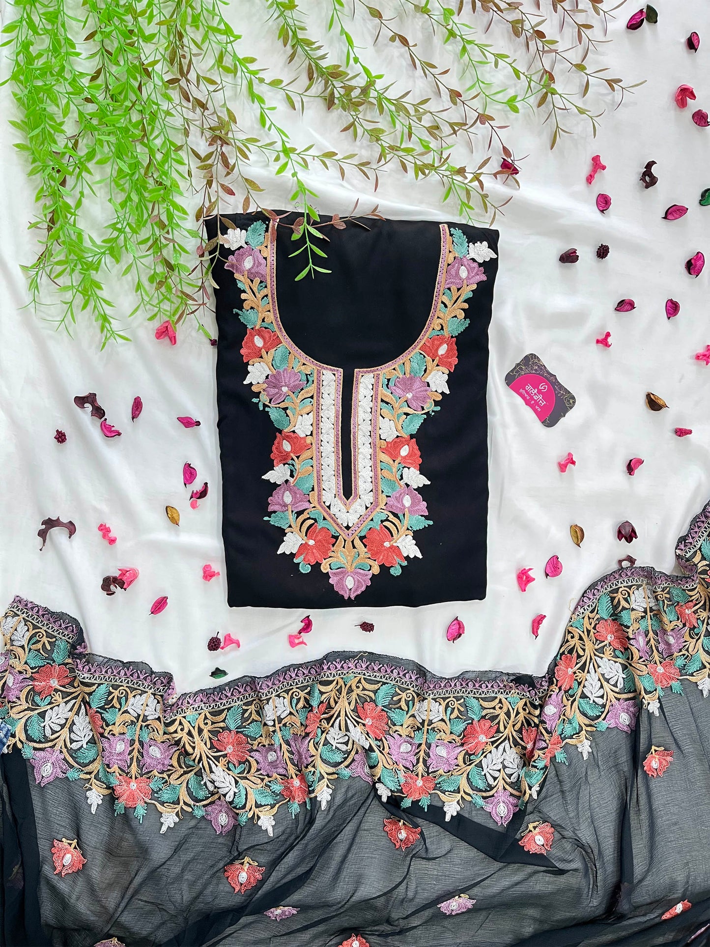 Cotton Unstitched Suit Set – Vibrant Embroidery & Chiffon Dupatta