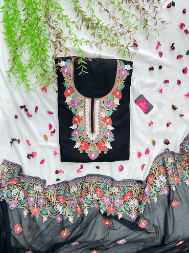 Cotton Unstitched Suit Set – Vibrant Embroidery & Chiffon Dupatta