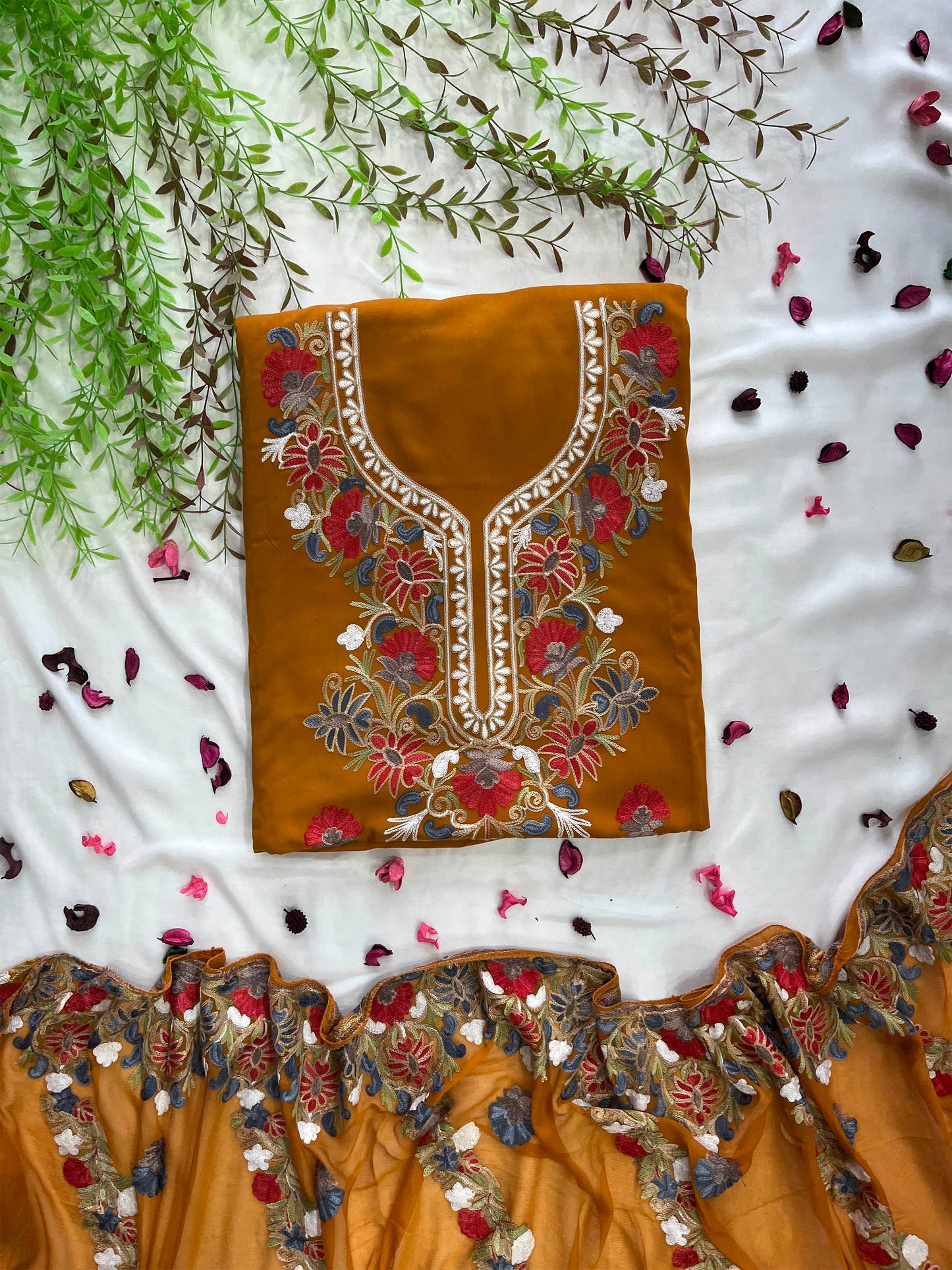 Cotton Unstitched Suit Set – Vibrant Embroidery & Chiffon Dupatta