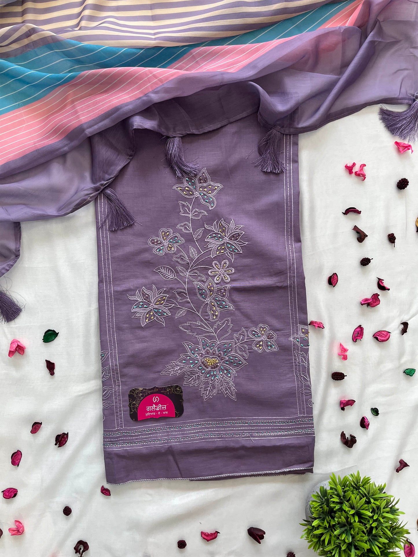 Cotton Unstitched Suit Set with Striped Muslin Dupatta | Onion-Purple