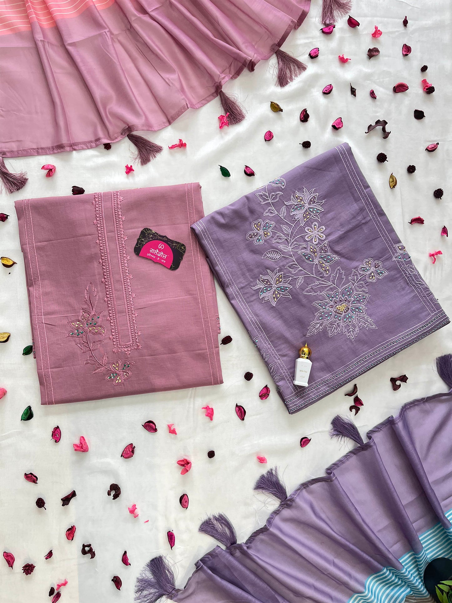Cotton Unstitched Suit Set with Striped Muslin Dupatta | Onion-Purple