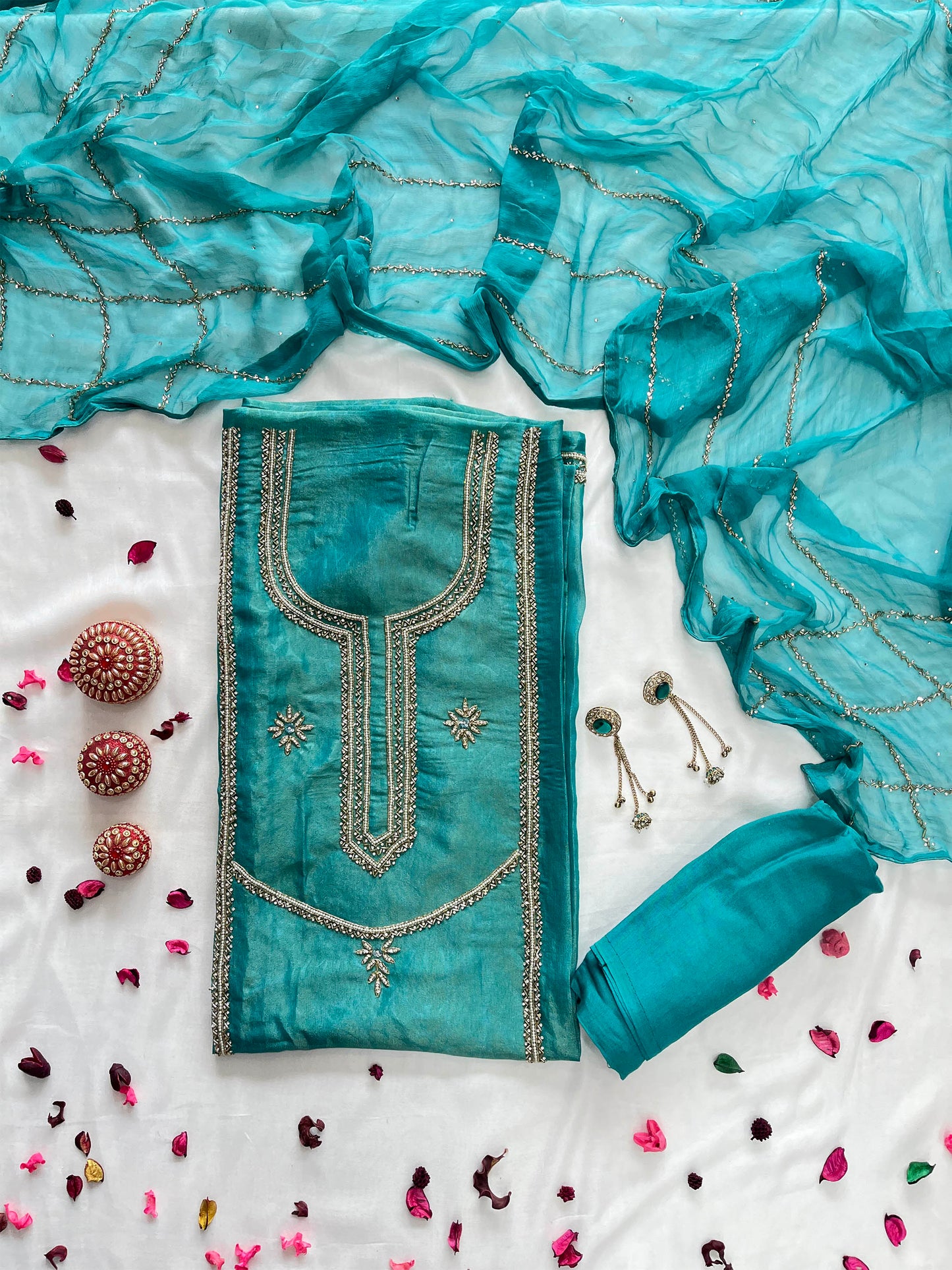 Shimmer Unstitched Suit Set  Hand-Embellished Artistry & Chiffon Dupatta