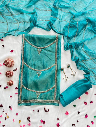 Shimmer Unstitched Suit Set  Hand-Embellished Artistry & Chiffon Dupatta