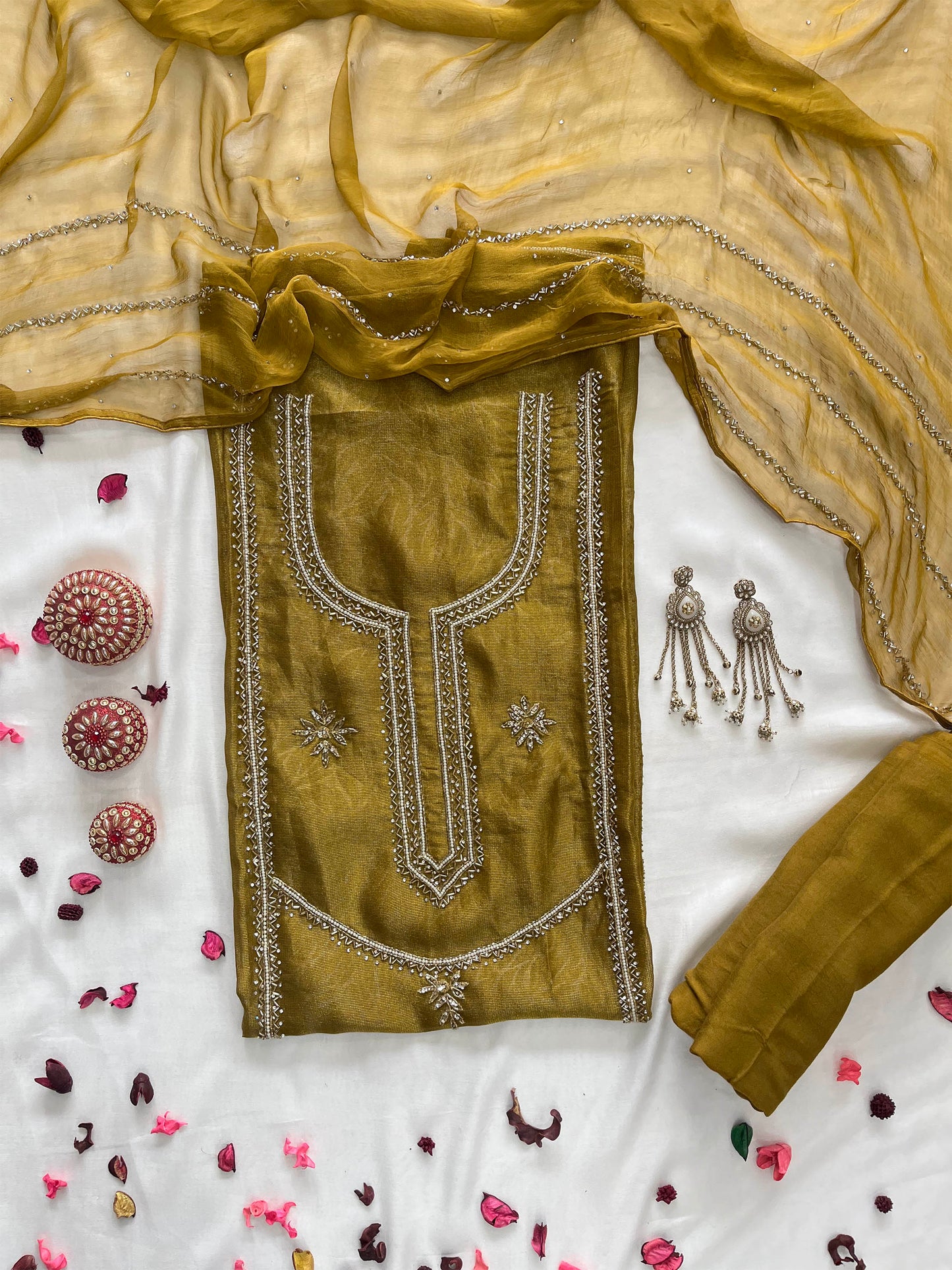 Shimmer Unstitched Suit Set  Hand-Embellished Artistry & Chiffon Dupatta