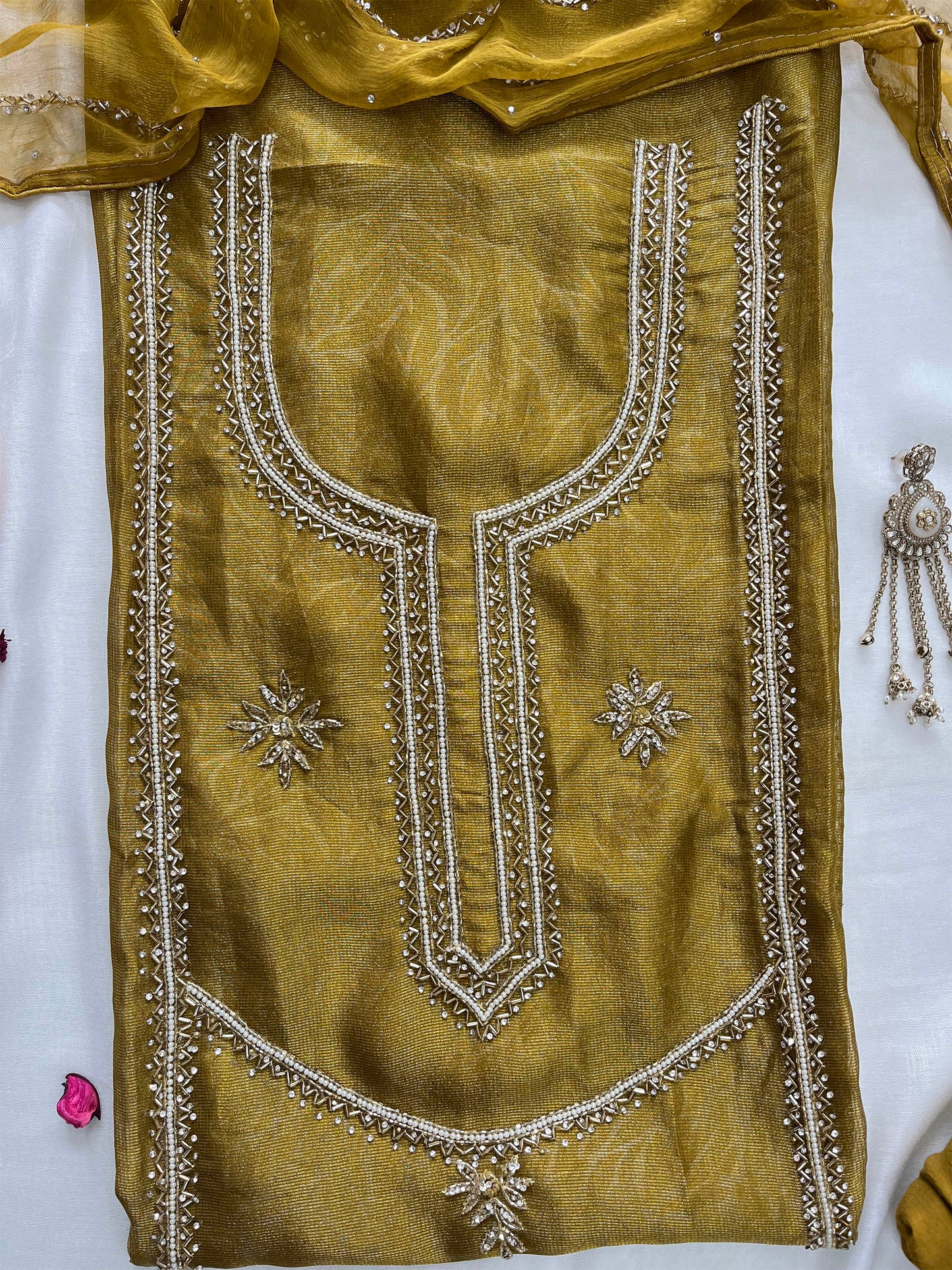 Shimmer Unstitched Suit Set  Hand-Embellished Artistry & Chiffon Dupatta