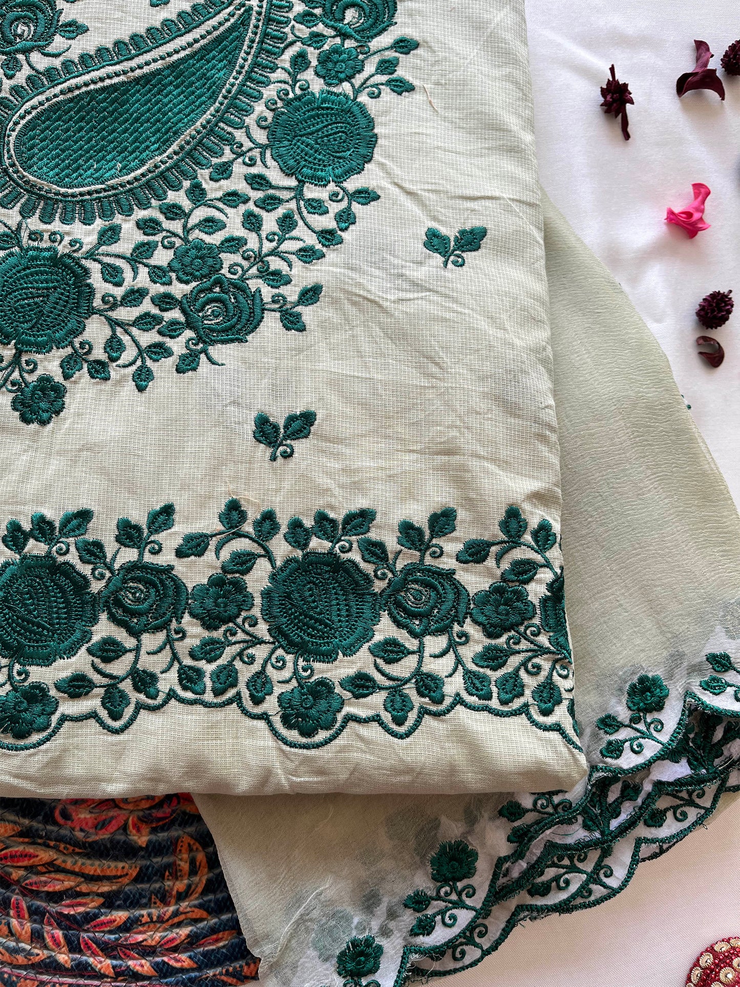 Giza Cotton Unstitched Suit Set with Machine Embroidery & Chiffon Dupatta