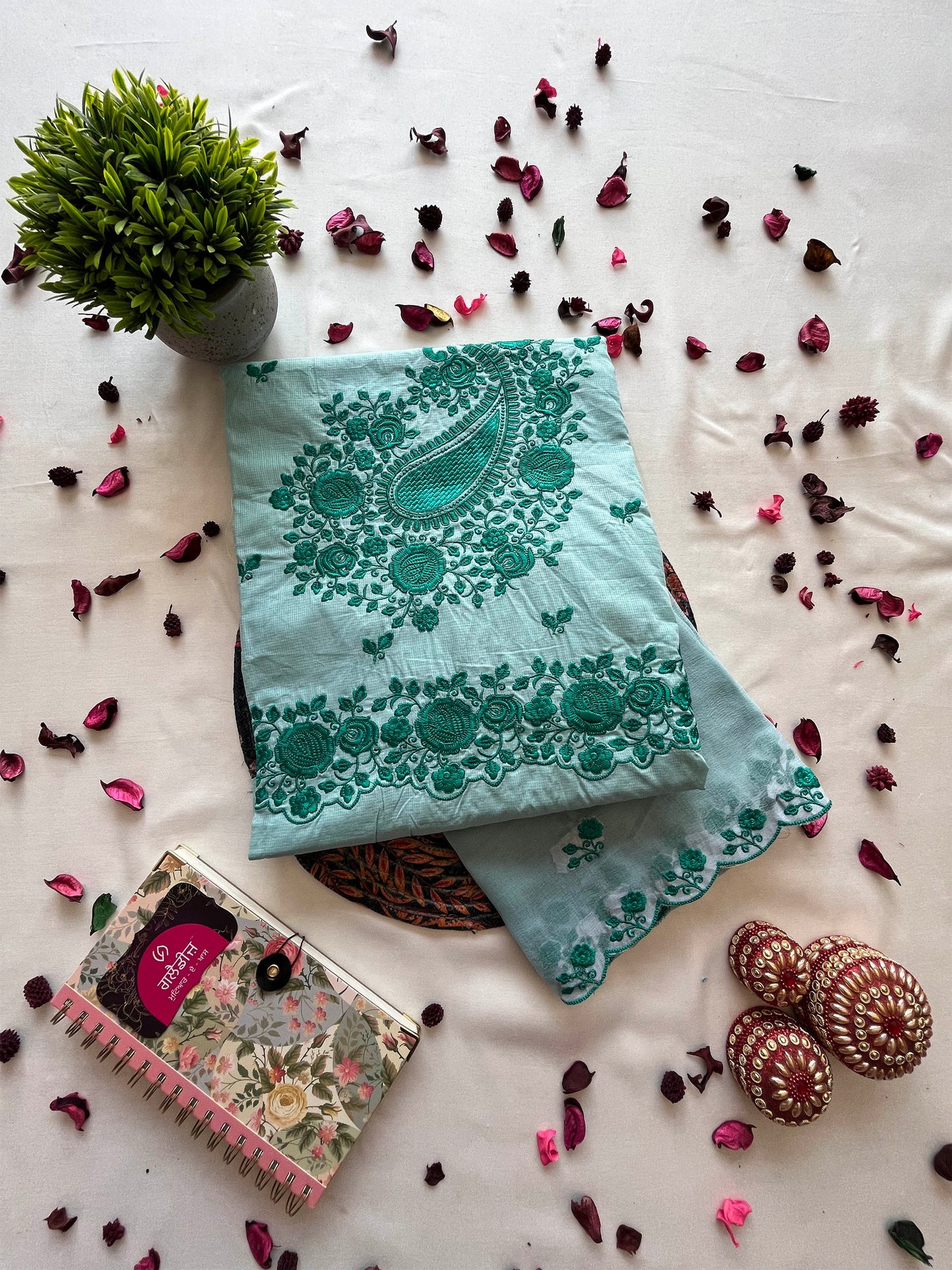 Giza Cotton Unstitched Suit Set with Machine Embroidery & Chiffon Dupatta