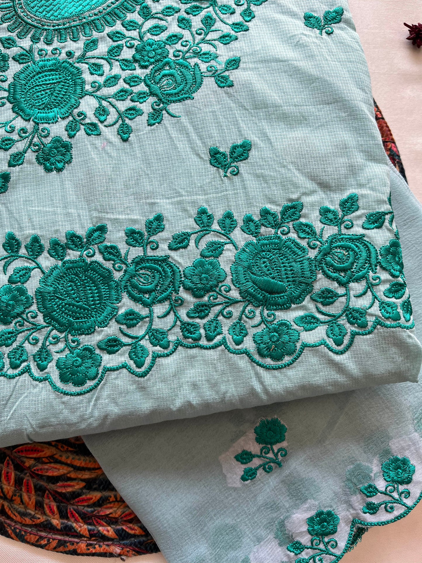 Giza Cotton Unstitched Suit Set with Machine Embroidery & Chiffon Dupatta