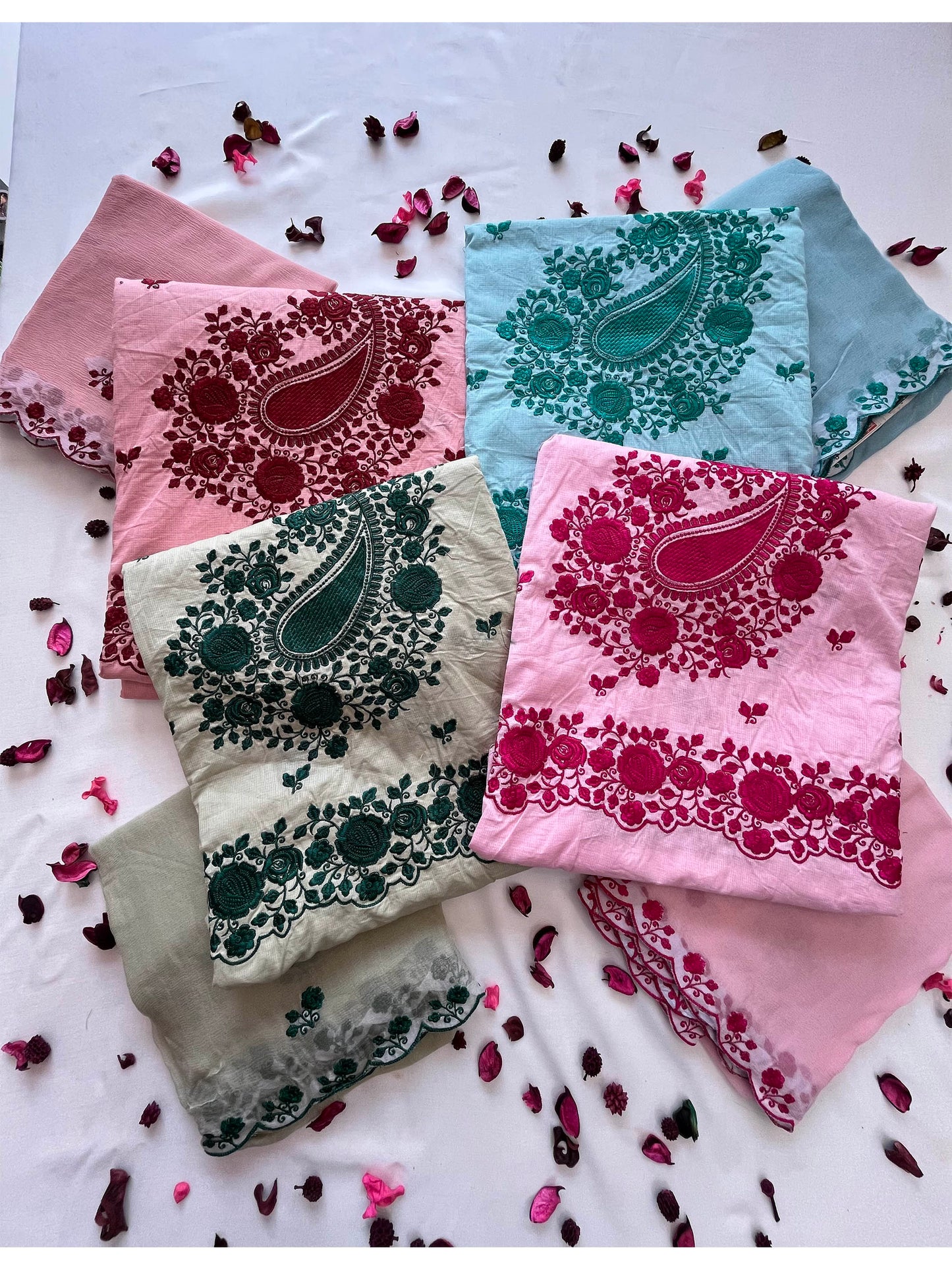 Giza Cotton Unstitched Suit Set with Machine Embroidery & Chiffon Dupatta