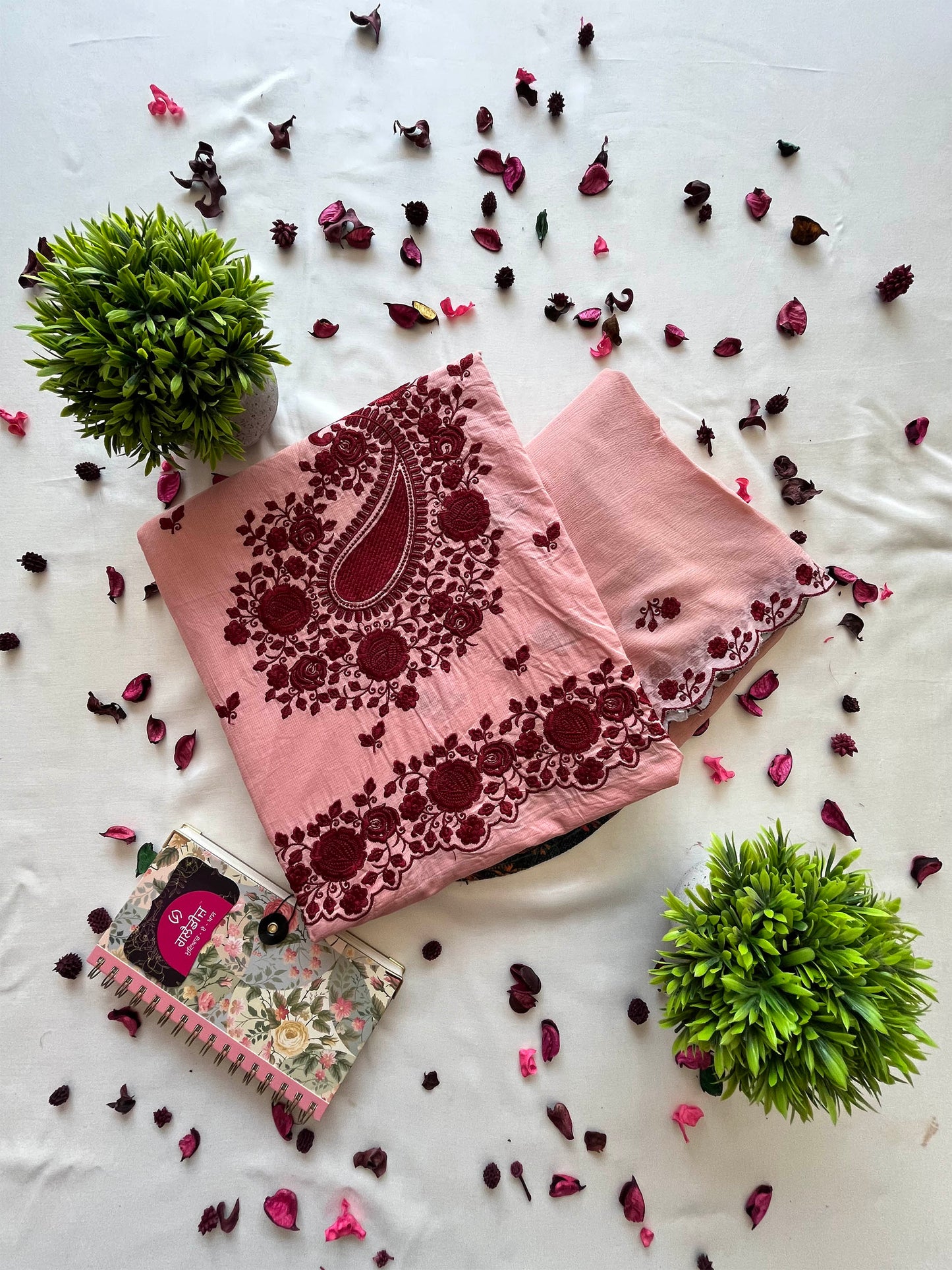 Giza Cotton Unstitched Suit Set with Machine Embroidery & Chiffon Dupatta