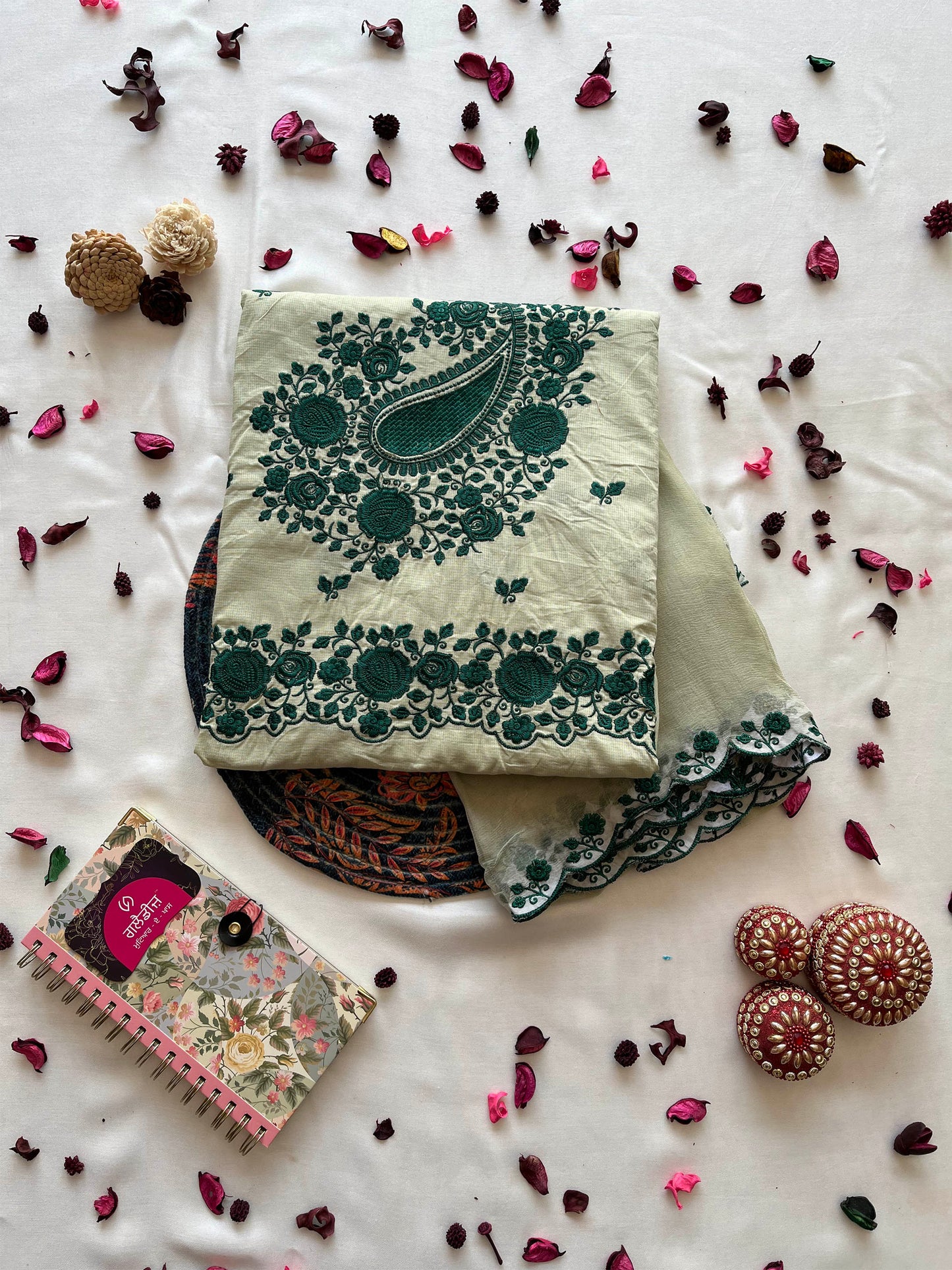 Giza Cotton Unstitched Suit Set with Machine Embroidery & Chiffon Dupatta