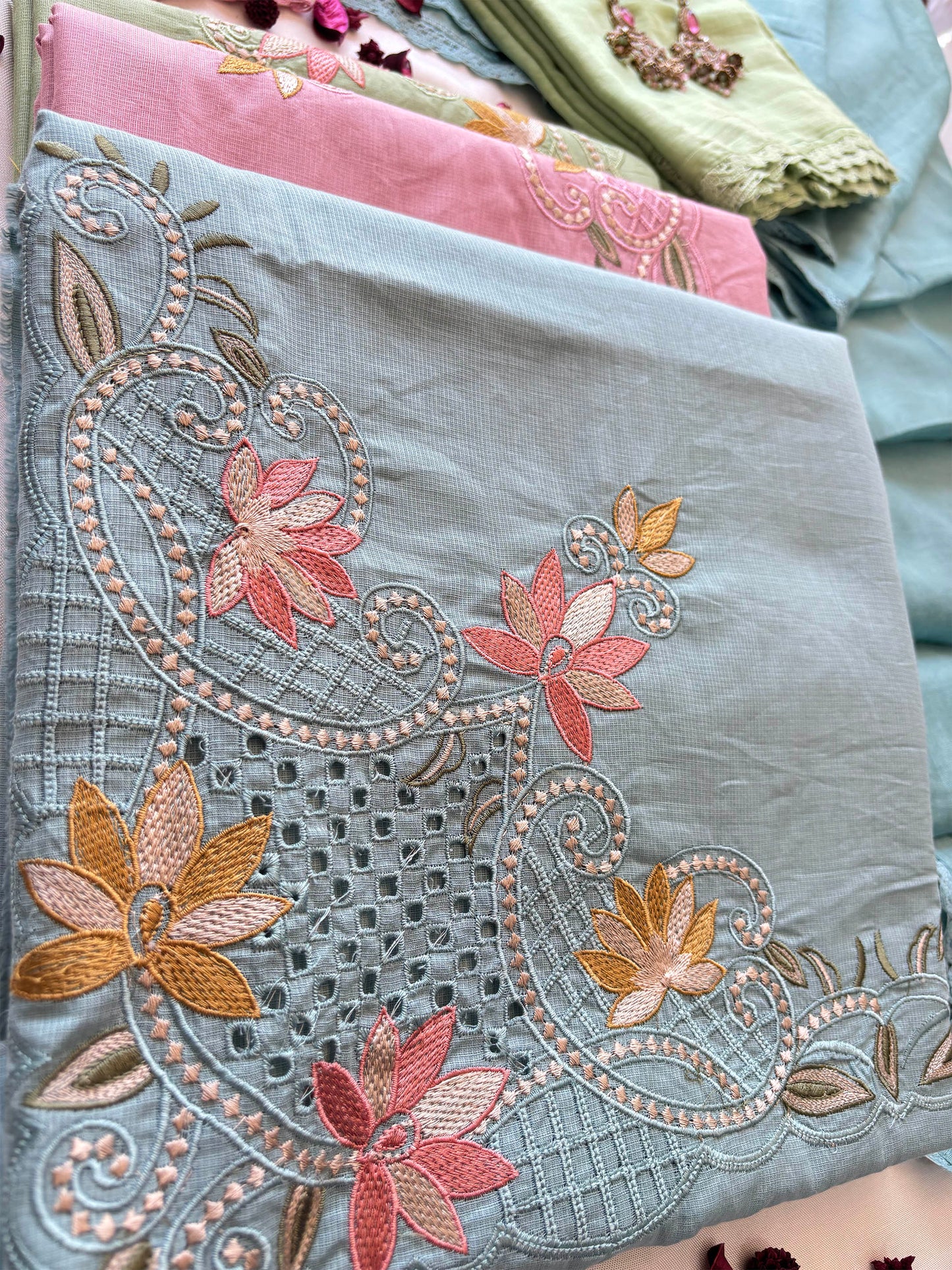 Giza Cotton Unstitched Suit Set Cutwork Embroidery & Muslin Dupatta