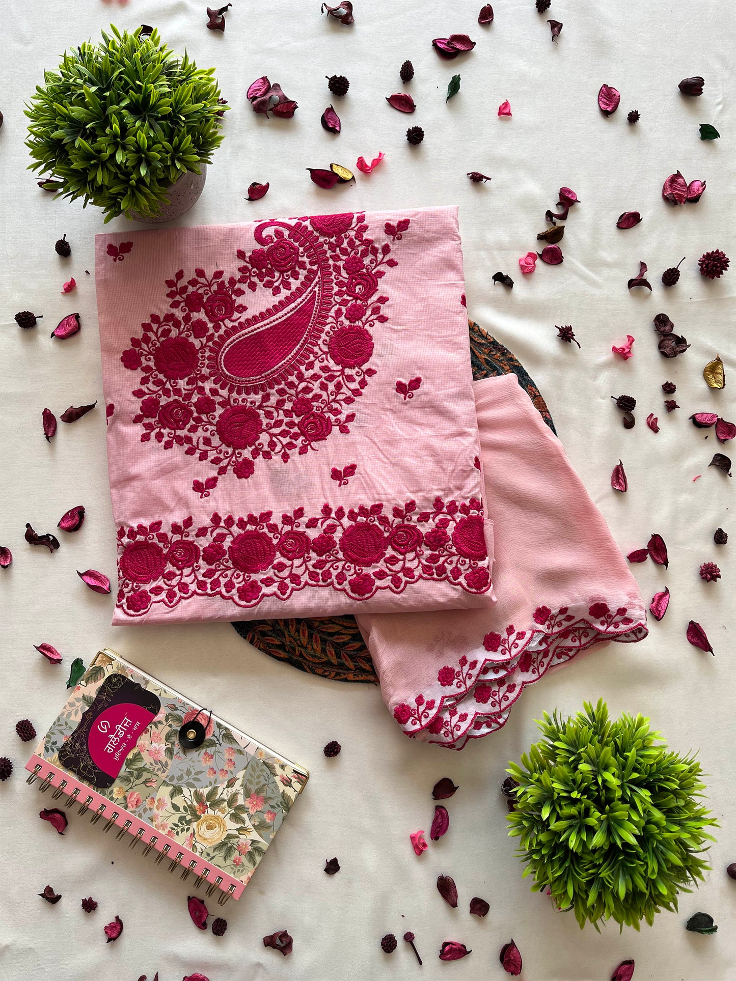 Giza Cotton Unstitched Suit Set with Machine Embroidery & Chiffon Dupatta