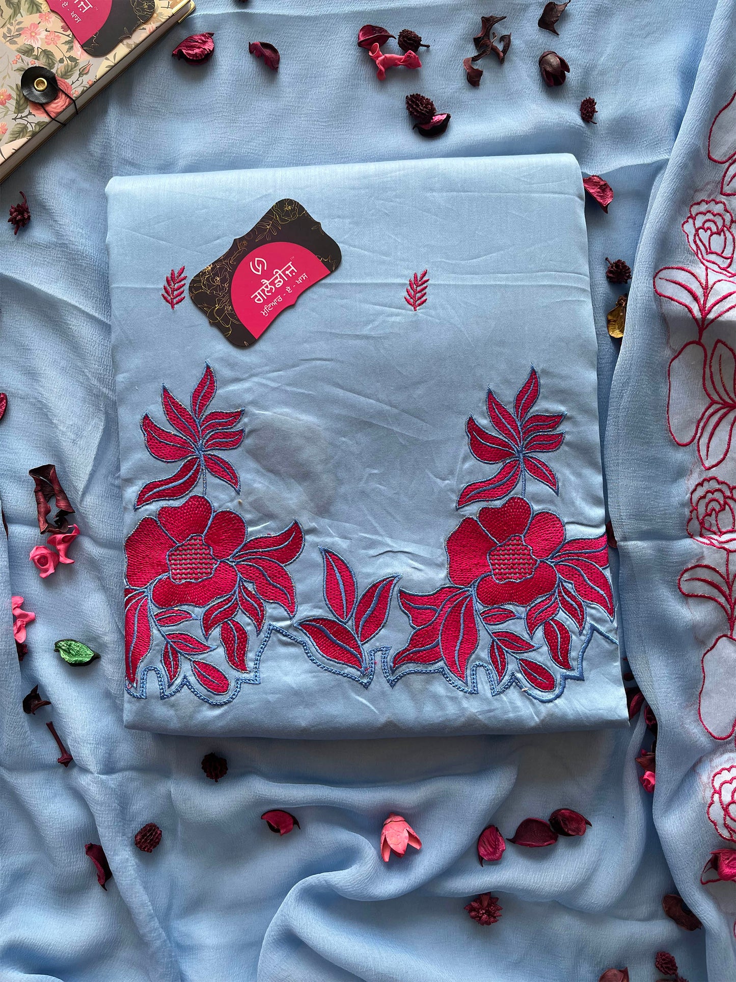 Jam Cotton Unstitched Suit Set with Floral Machine Work & Chiffon Dupatta
