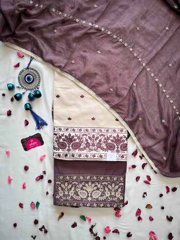 Giza Cotton Unstitched Suit Set with Machine Embroidery & Muslin Dupatta