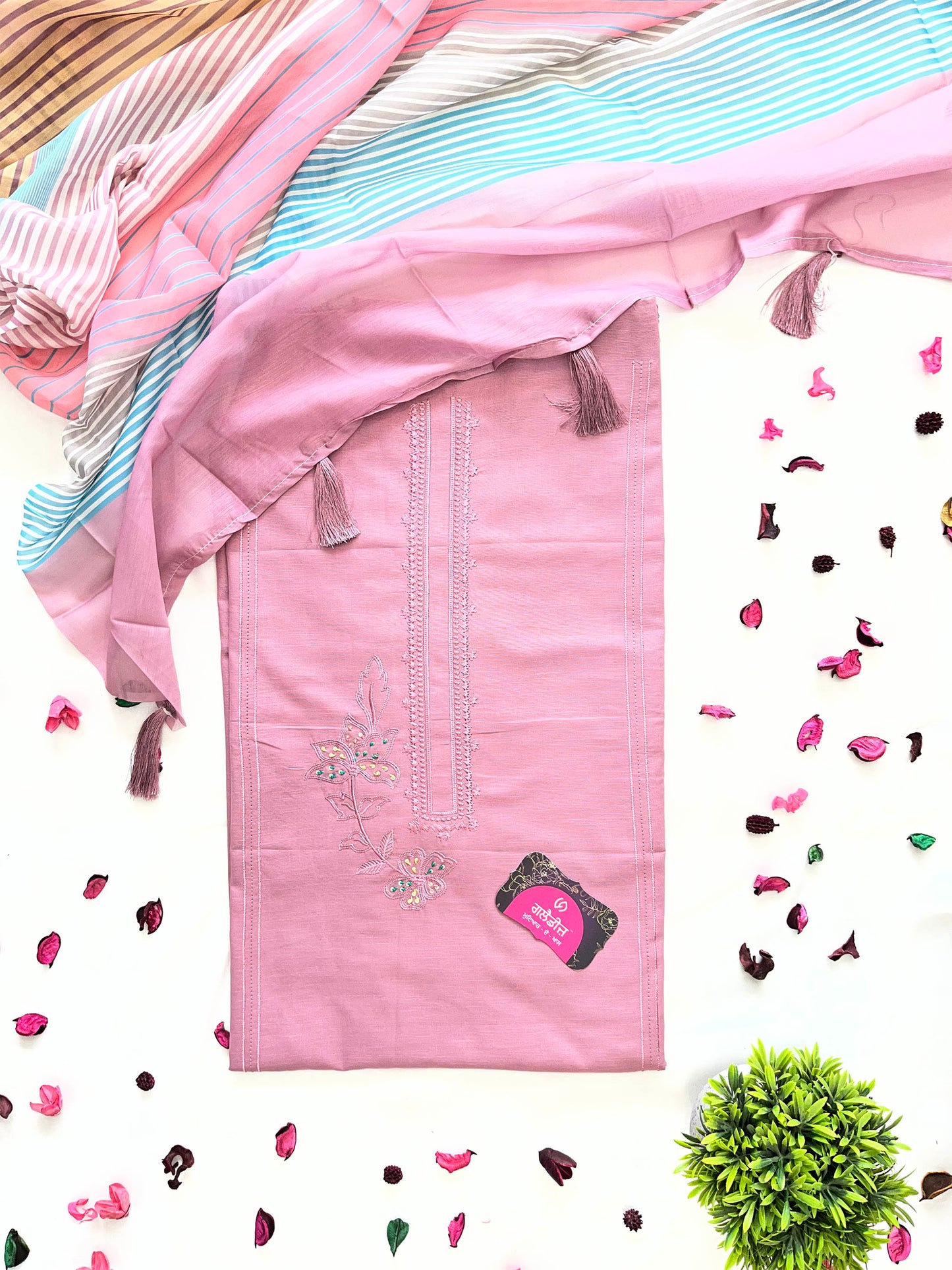 Cotton Unstitched Suit Set with Striped Muslin Dupatta | Onion-Purple