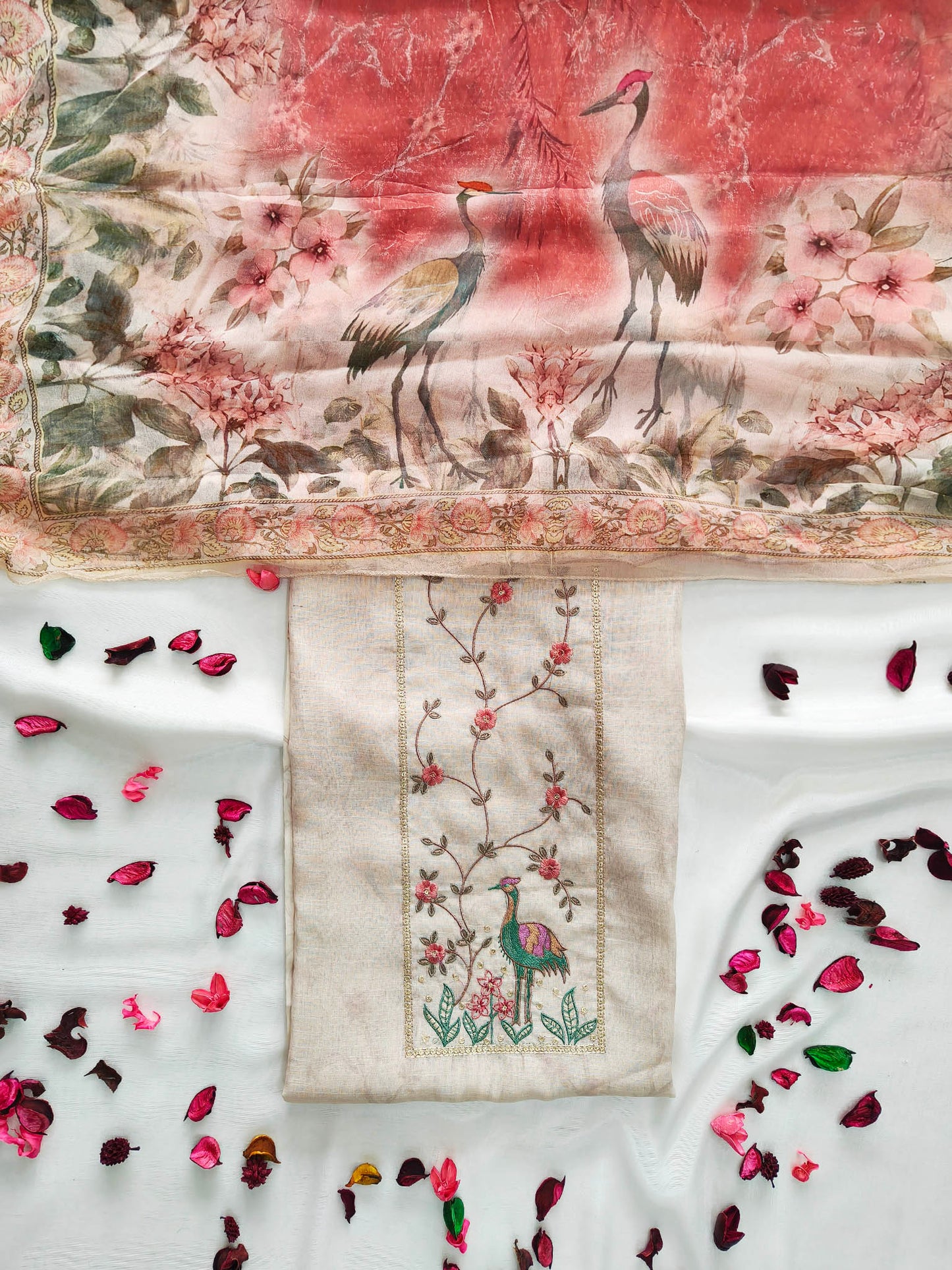 Linen Cotton Unstitched Suit Set with Floral Chiffon Dupatta & Embroidery