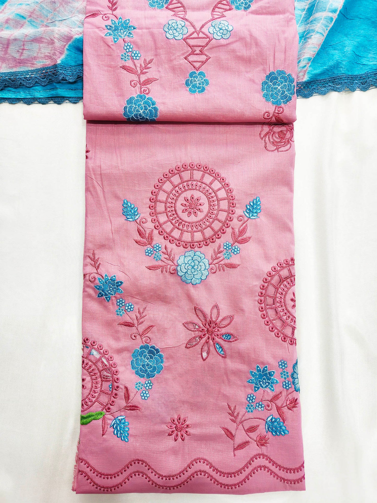 Giza Cotton Unstitched Suit Set with Cut Work Details & Kota Doria Dupatta